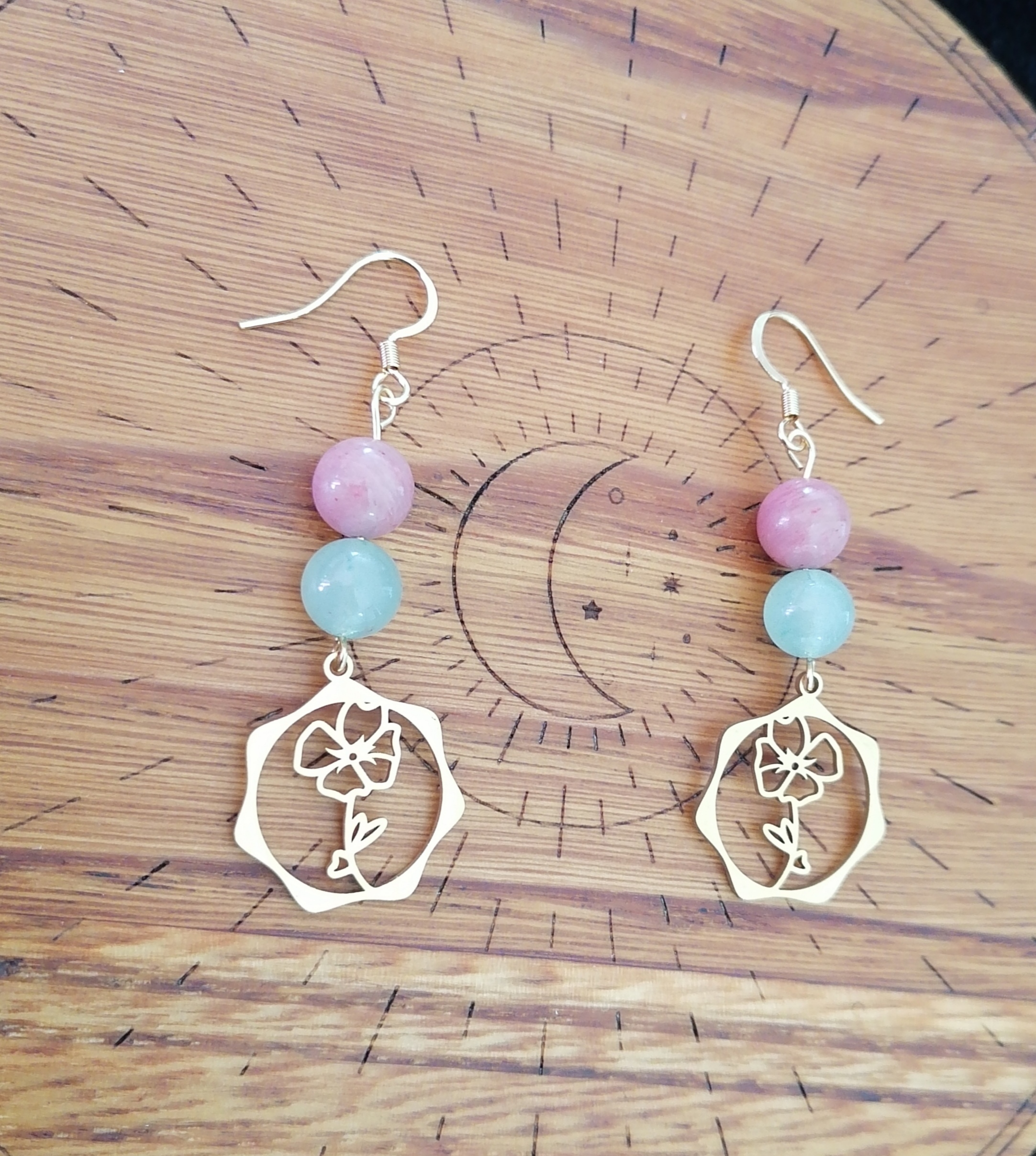 Boucles d'oreilles "fleur" en rhodonite et aventurine verte