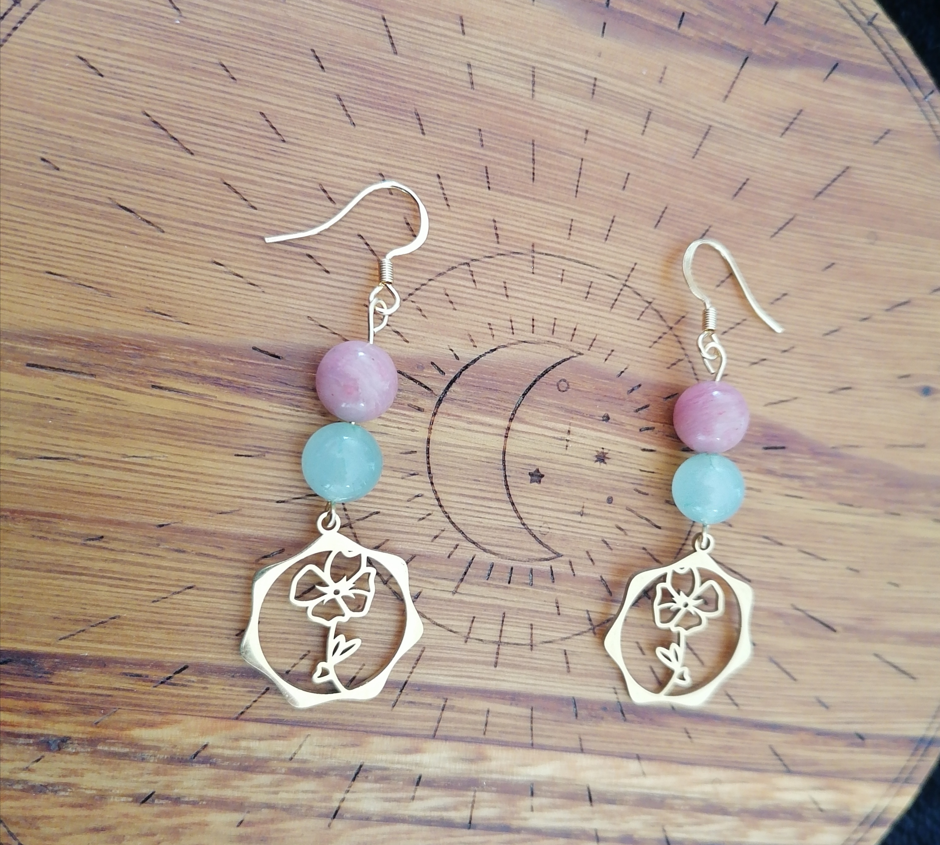 Boucles d'oreilles "fleur" en rhodonite et aventurine verte