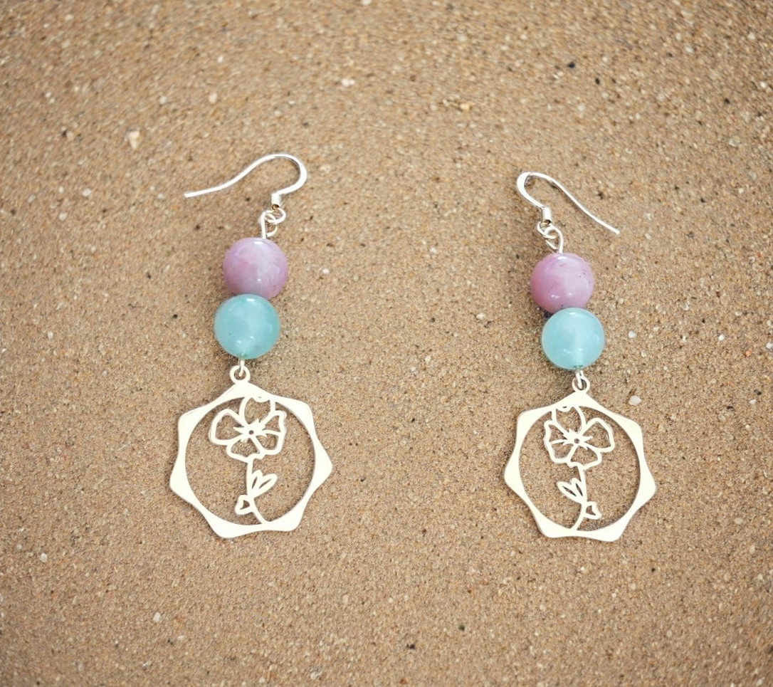 Boucles d'oreilles "fleur" en rhodonite et aventurine verte