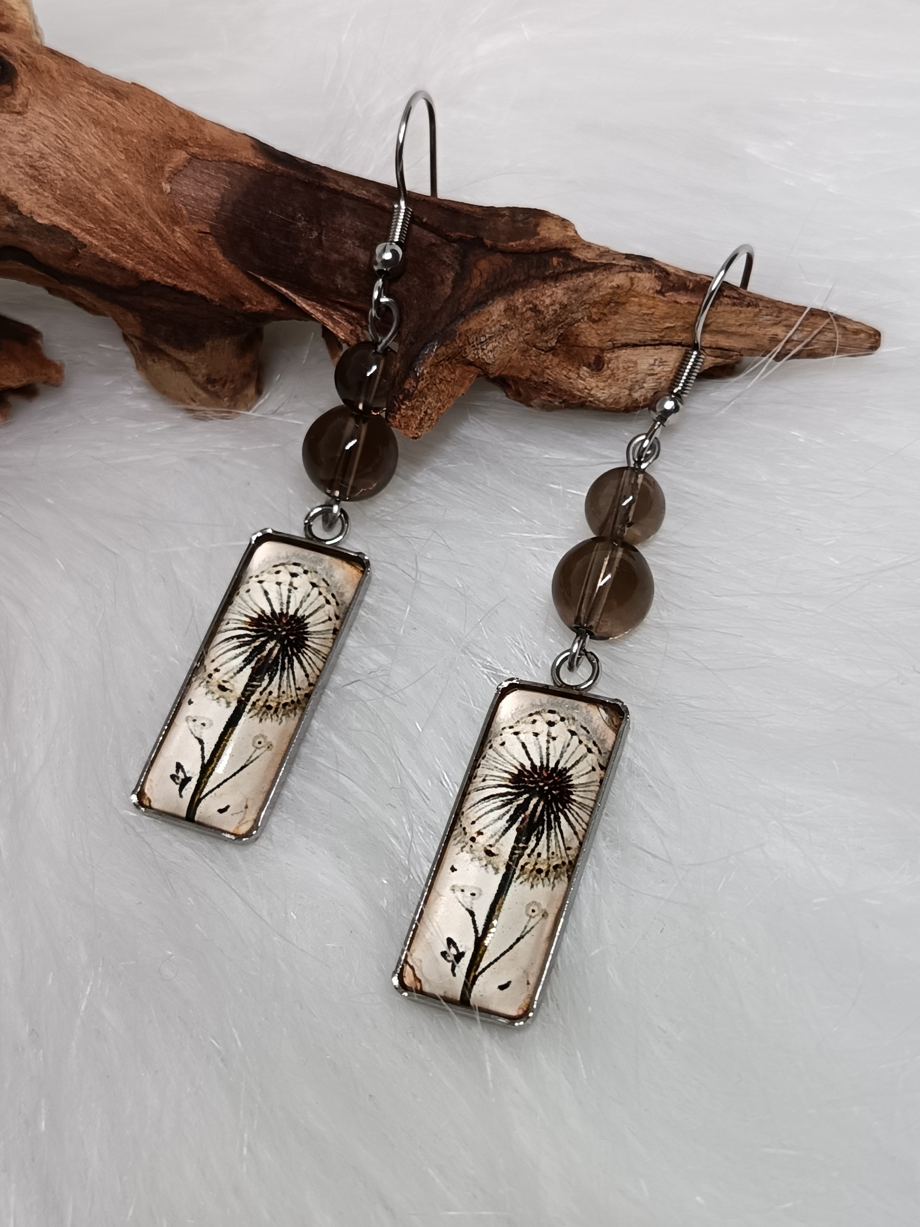 Boucles d'oreilles "pissenlit" en quartz fumé