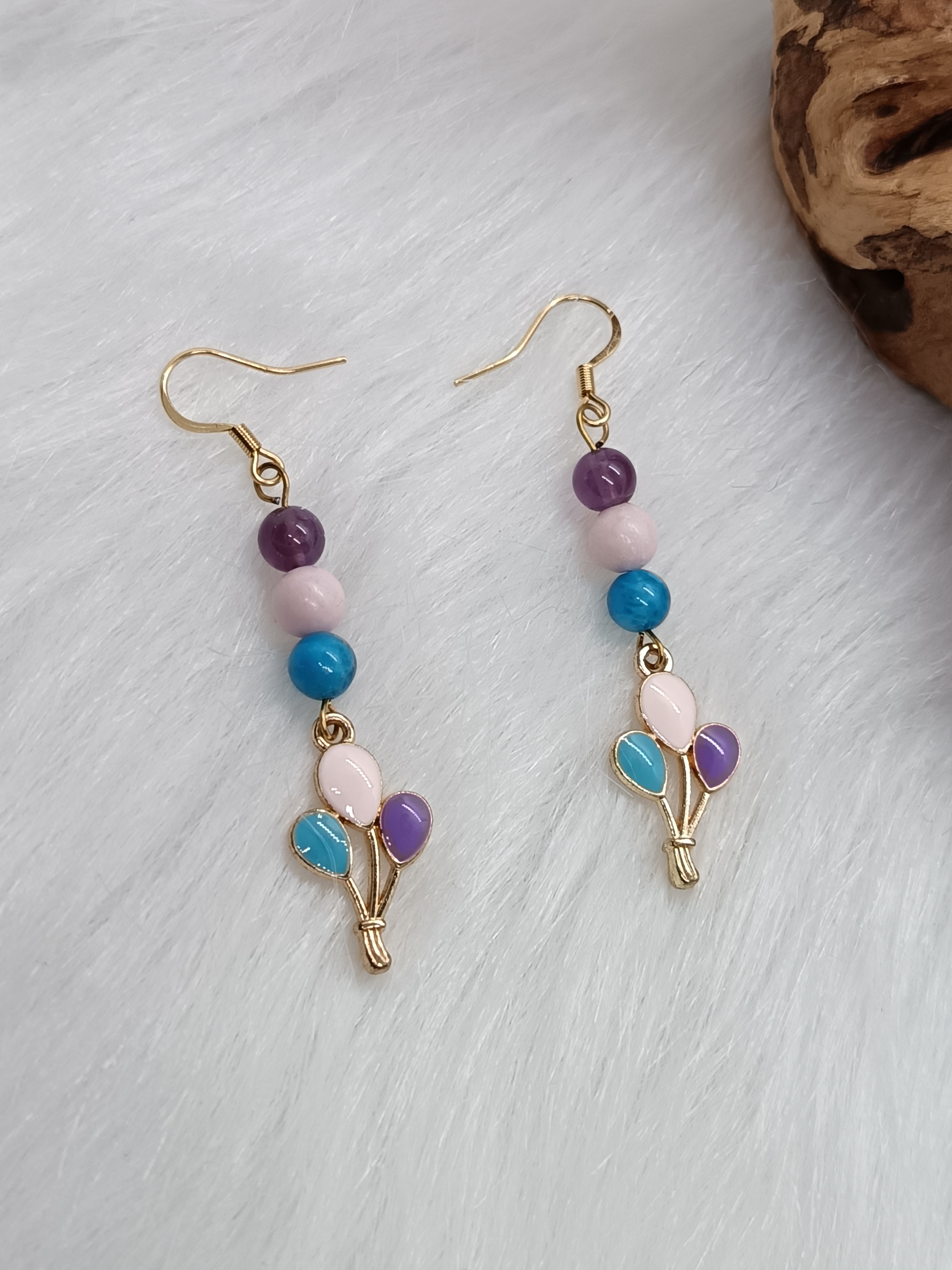 Boucles d'oreilles "ballons multicolores" en améthyste, apatite et opale rose