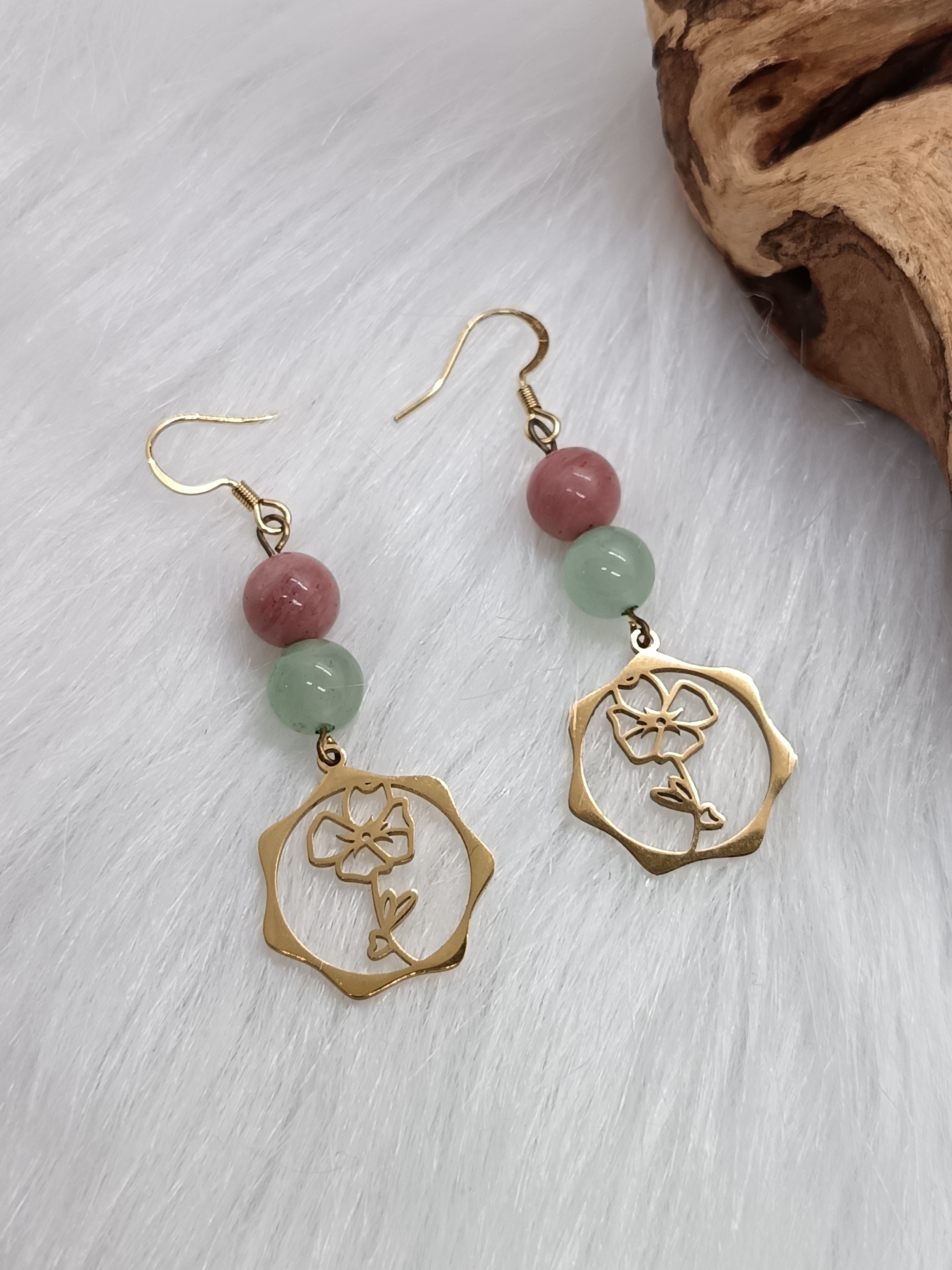 Boucles d'oreilles "fleur" en rhodonite et aventurine verte