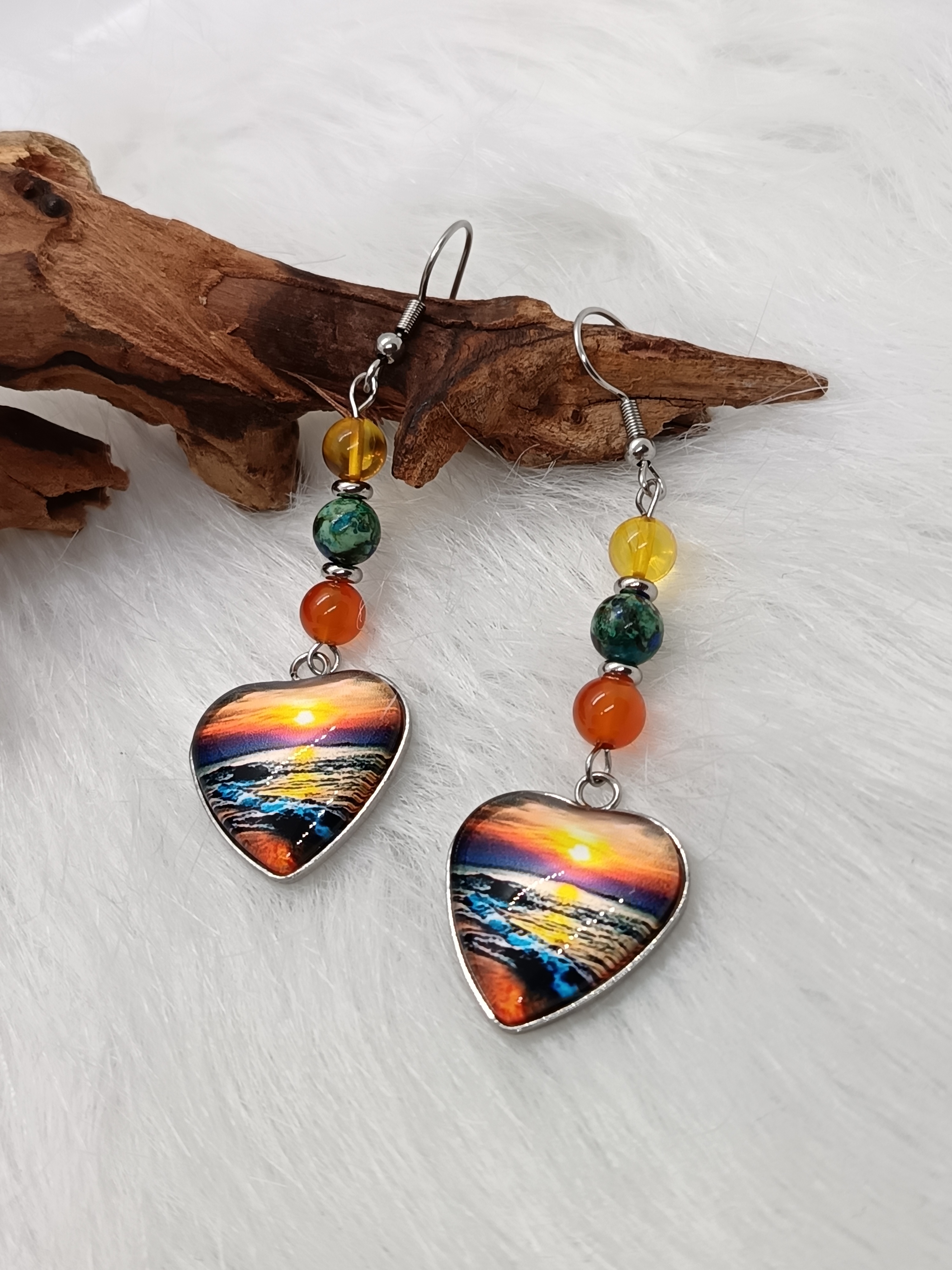 Boucles d'oreilles "coucher de soleil" en cornaline, azurite et ambre naturelle