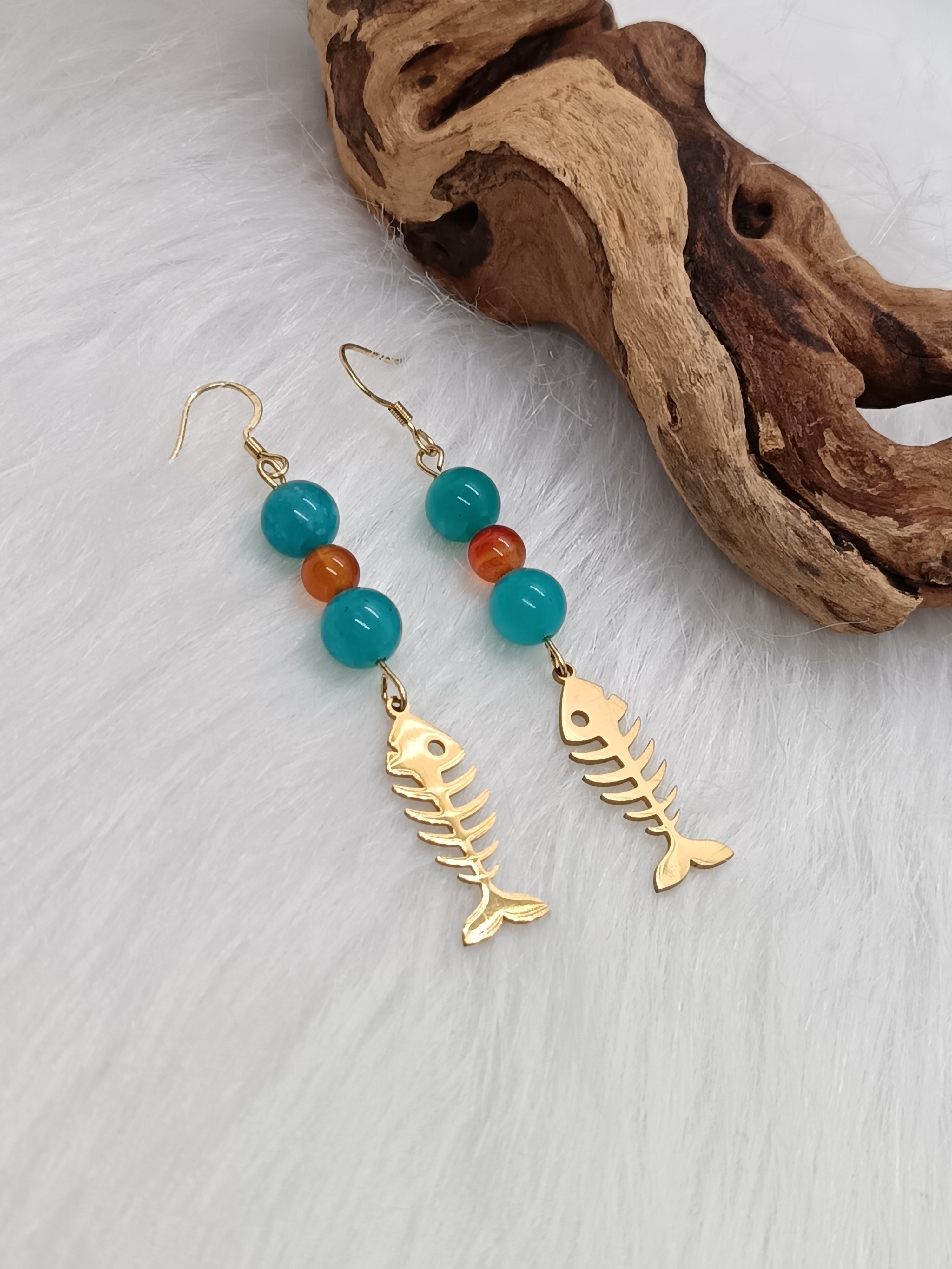 Boucles d'oreilles "poisson" en cornaline et amazonite