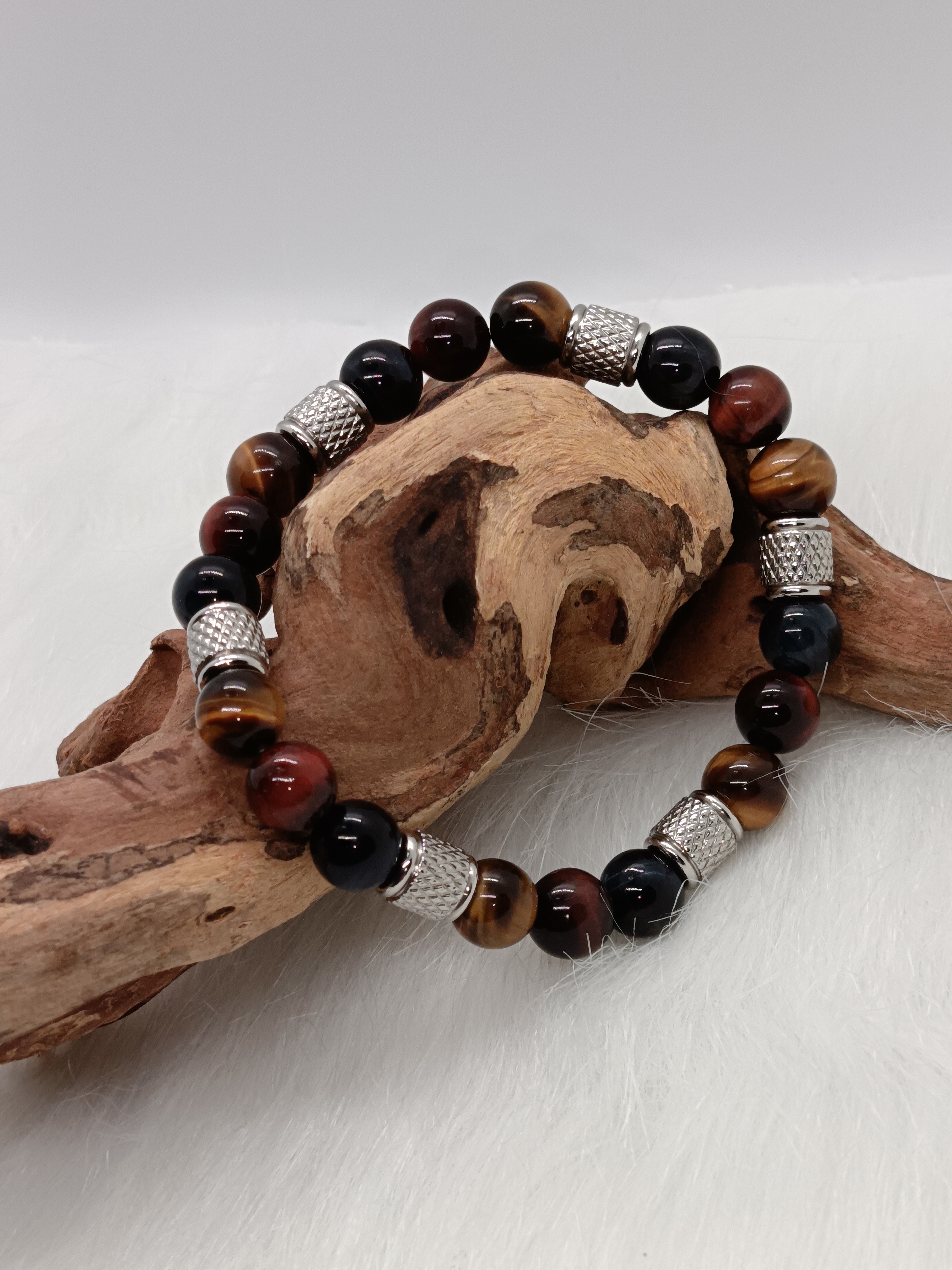 Bracelet "triple protection" en œil de faucon, œil de taureau et œil de tigre