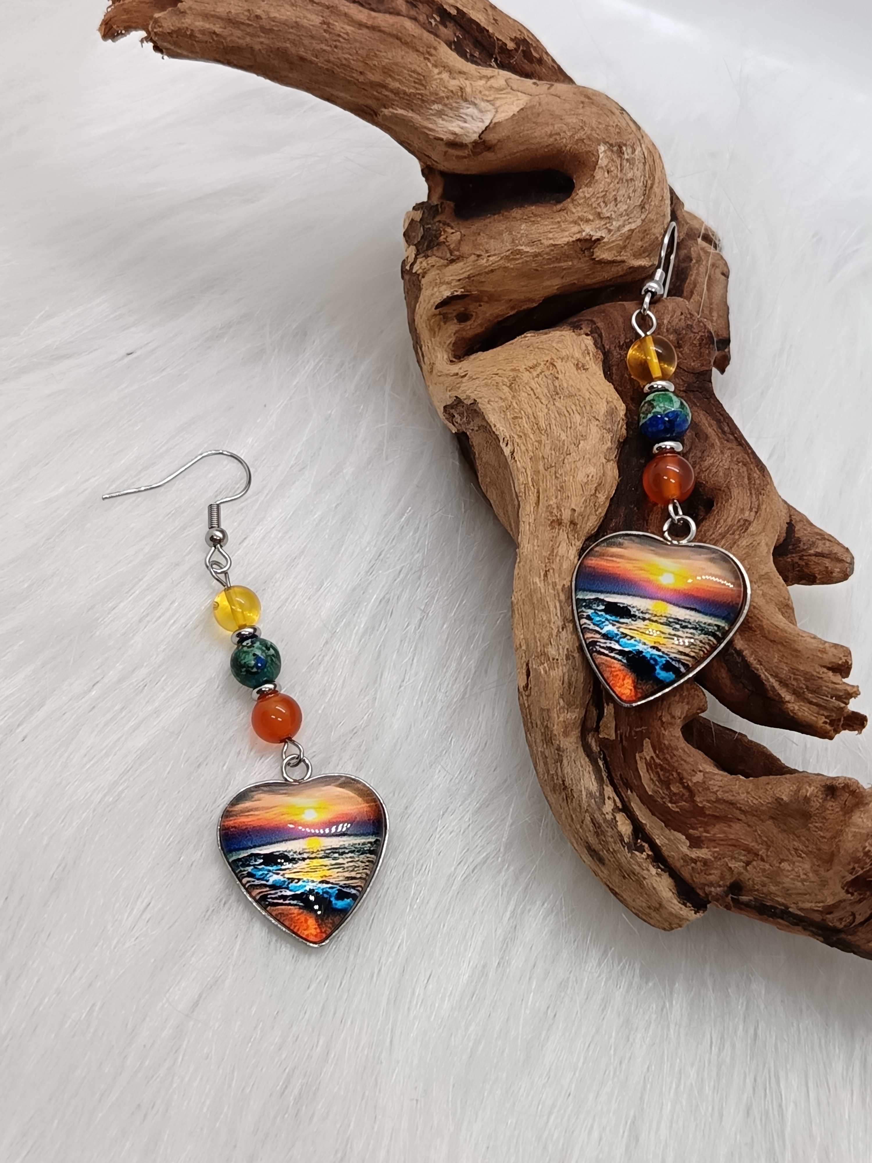 Boucles d'oreilles "coucher de soleil" en cornaline, azurite et ambre naturelle