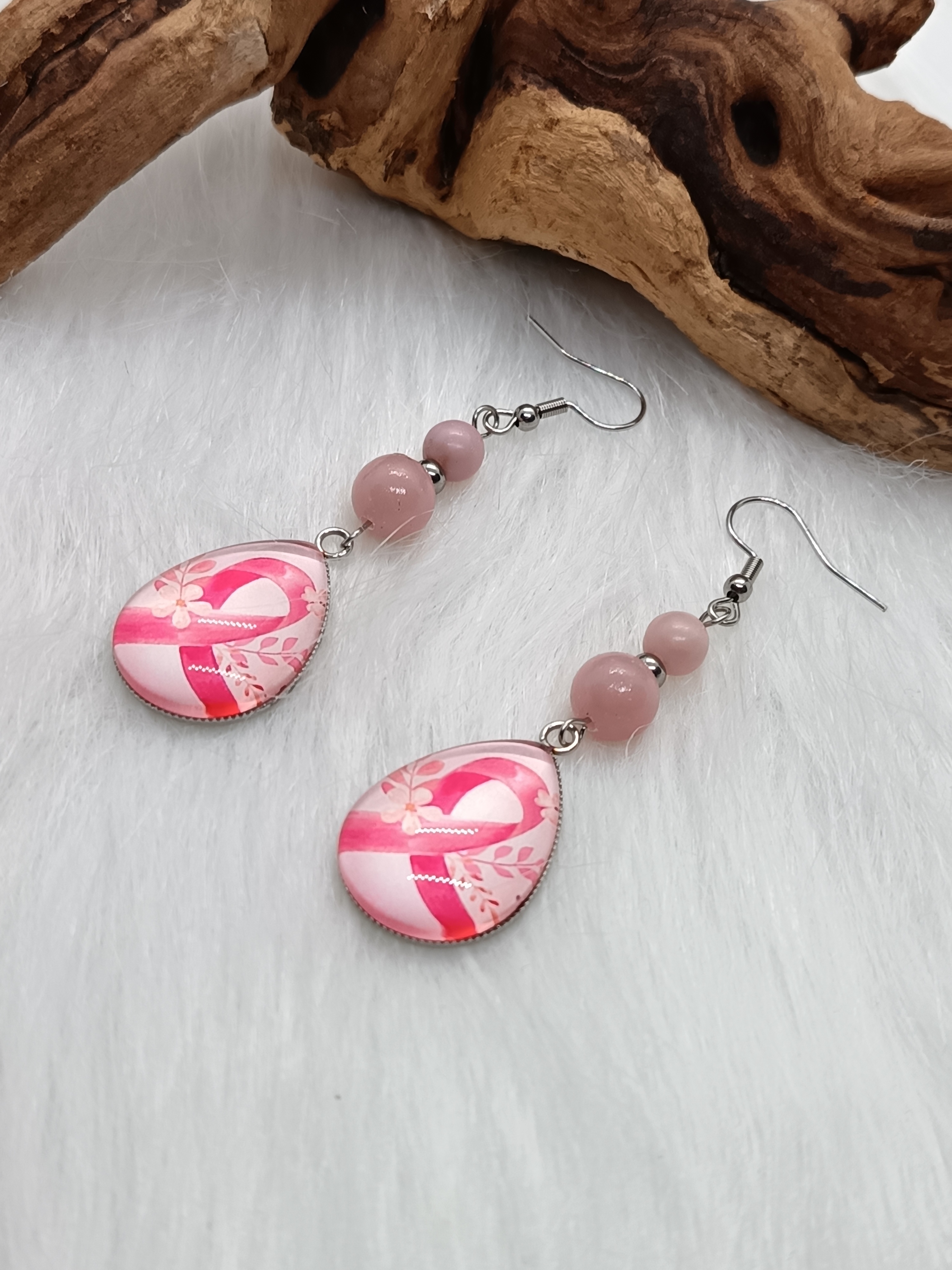 Boucles d'oreilles "ruban" en opale rose