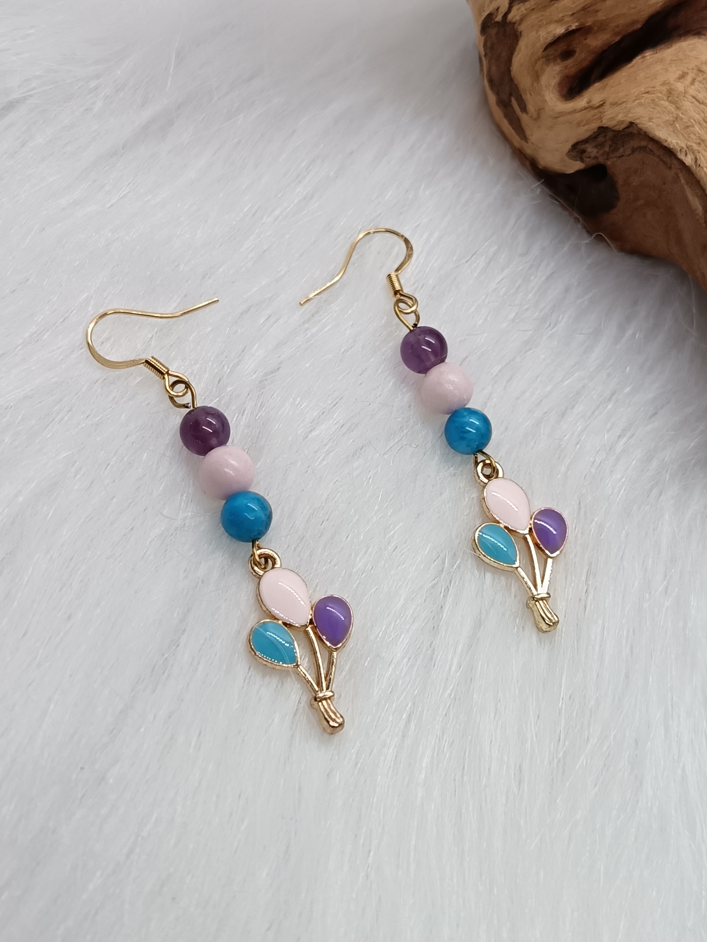 Boucles d'oreilles "ballons multicolores" en améthyste, apatite et opale rose
