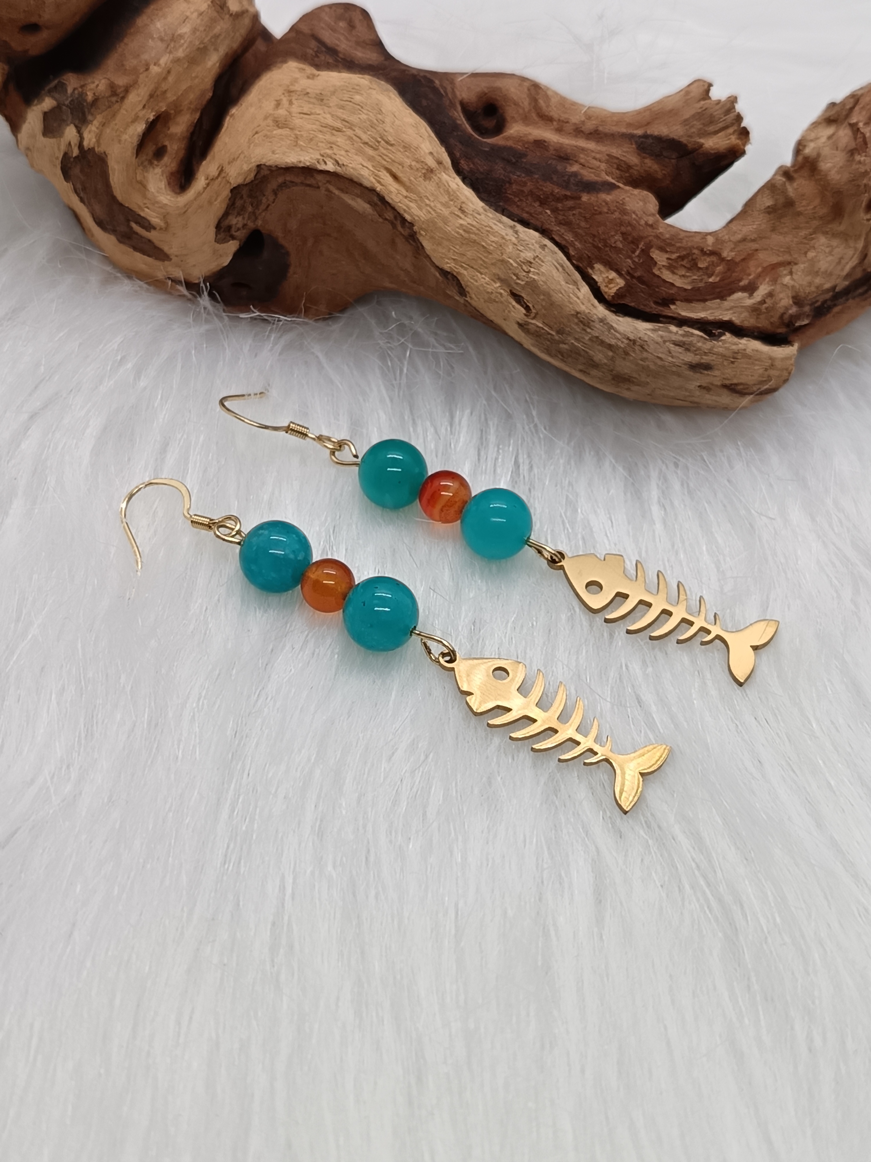 Boucles d'oreilles "poisson" en cornaline et amazonite