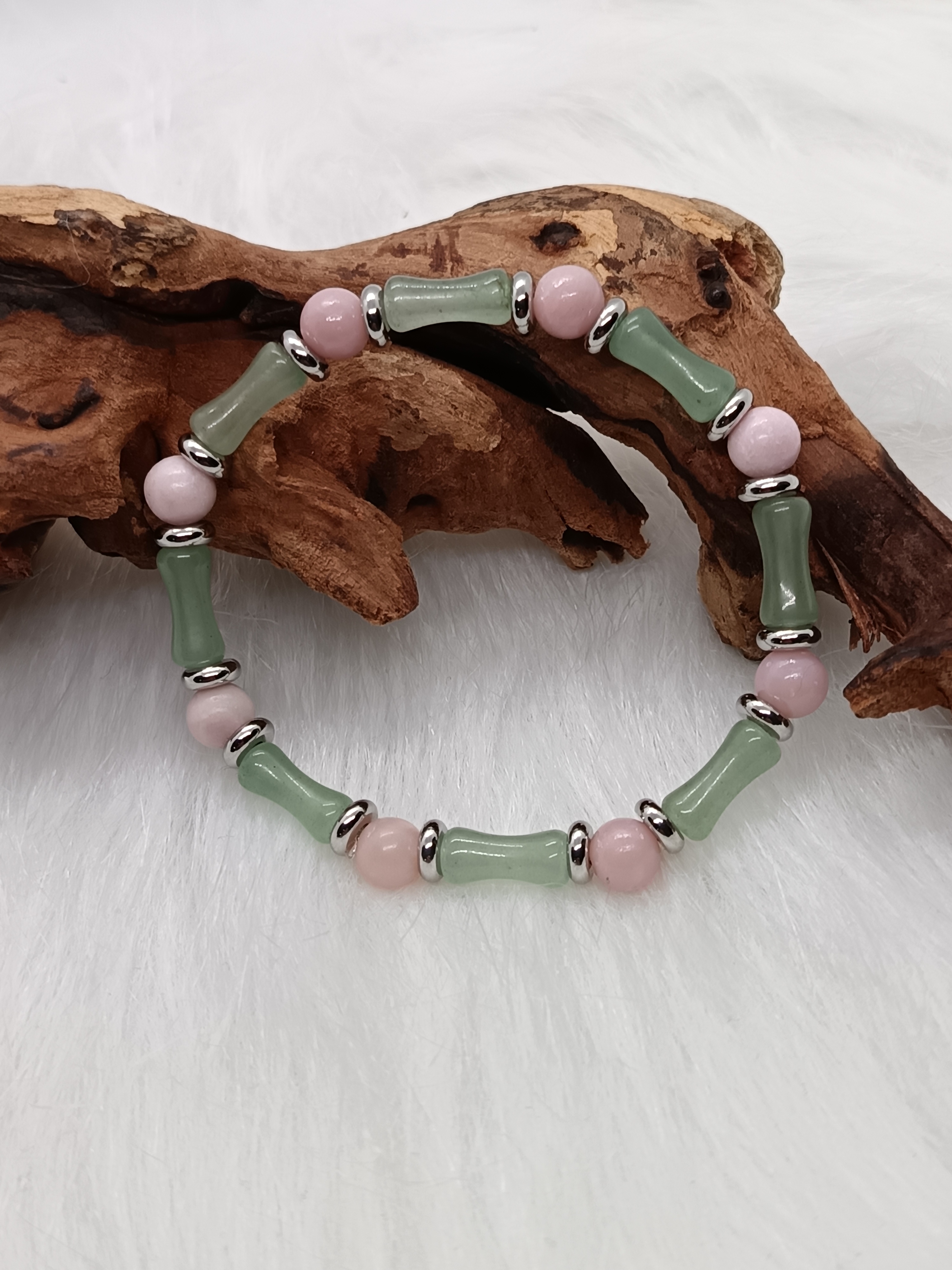 Bracelet "bambou" en aventurine verte et opale rose