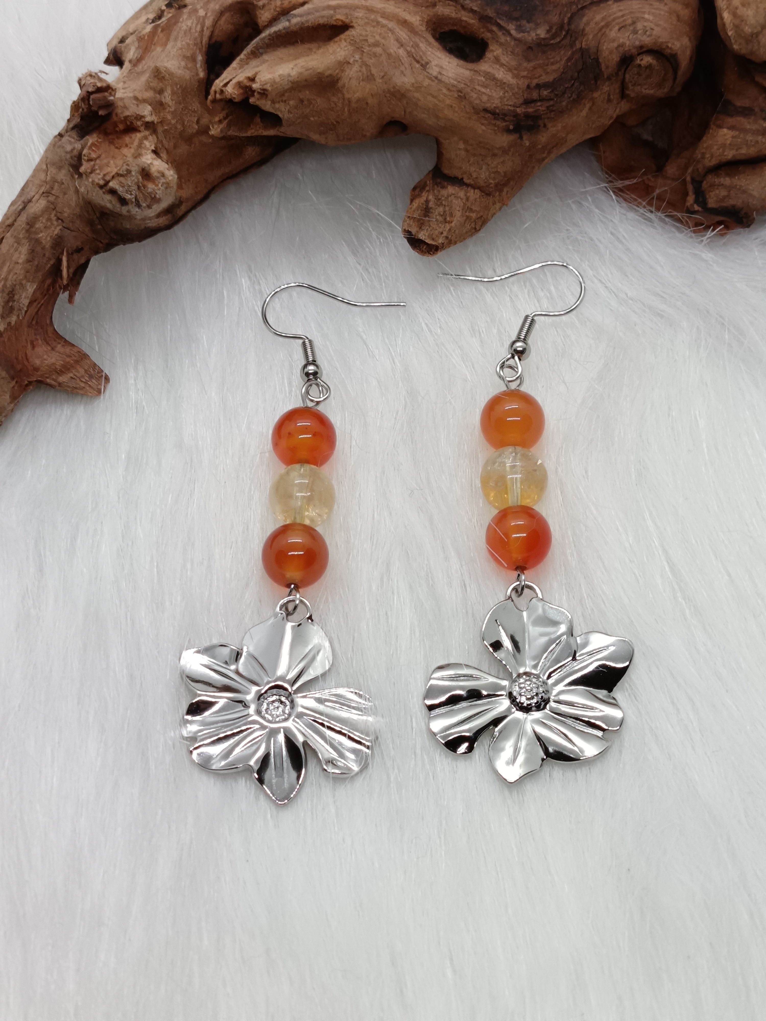 Boucles d'oreilles "fleurs" en cornaline et citrine