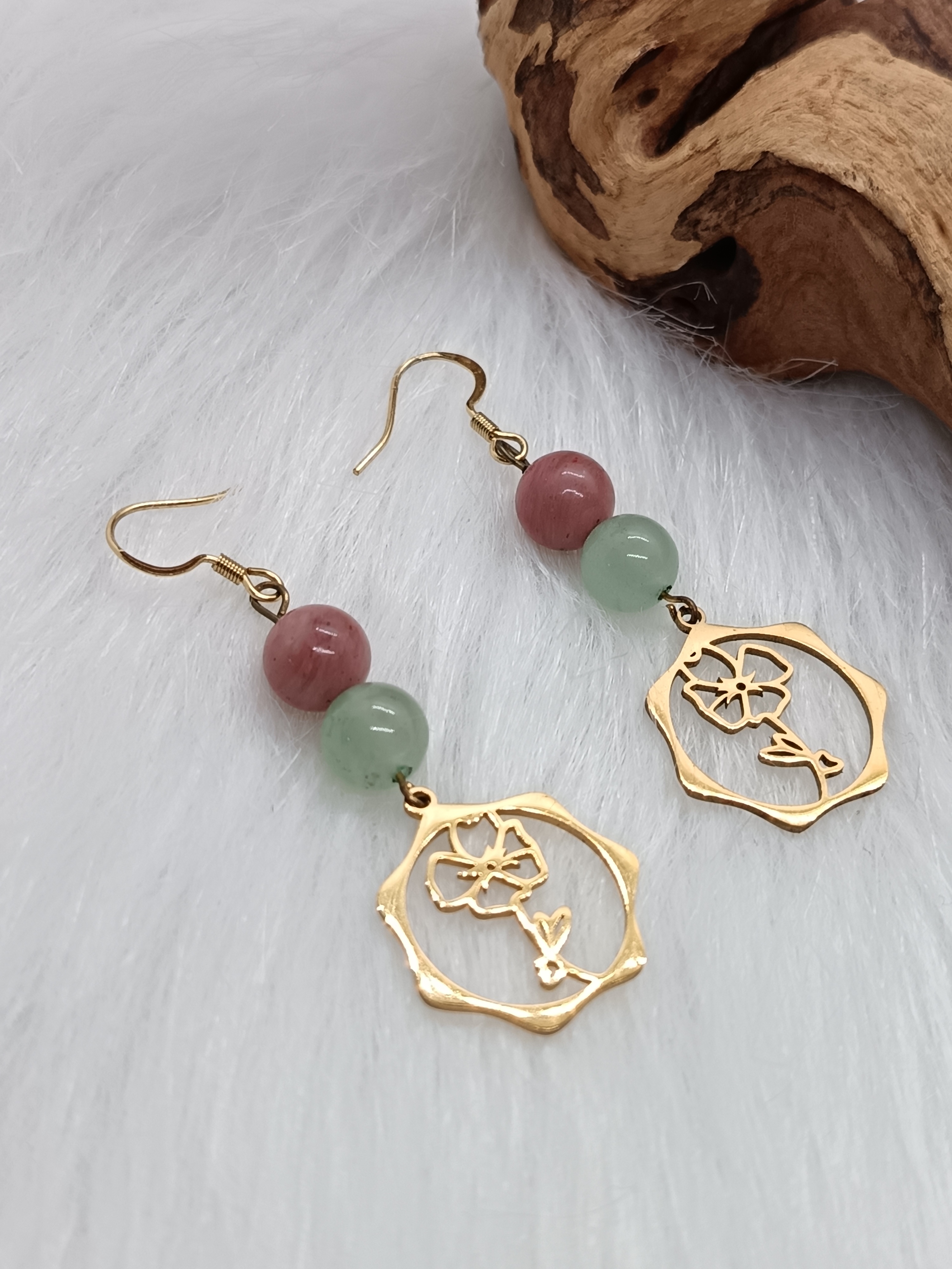 Boucles d'oreilles "fleur" en rhodonite et aventurine verte