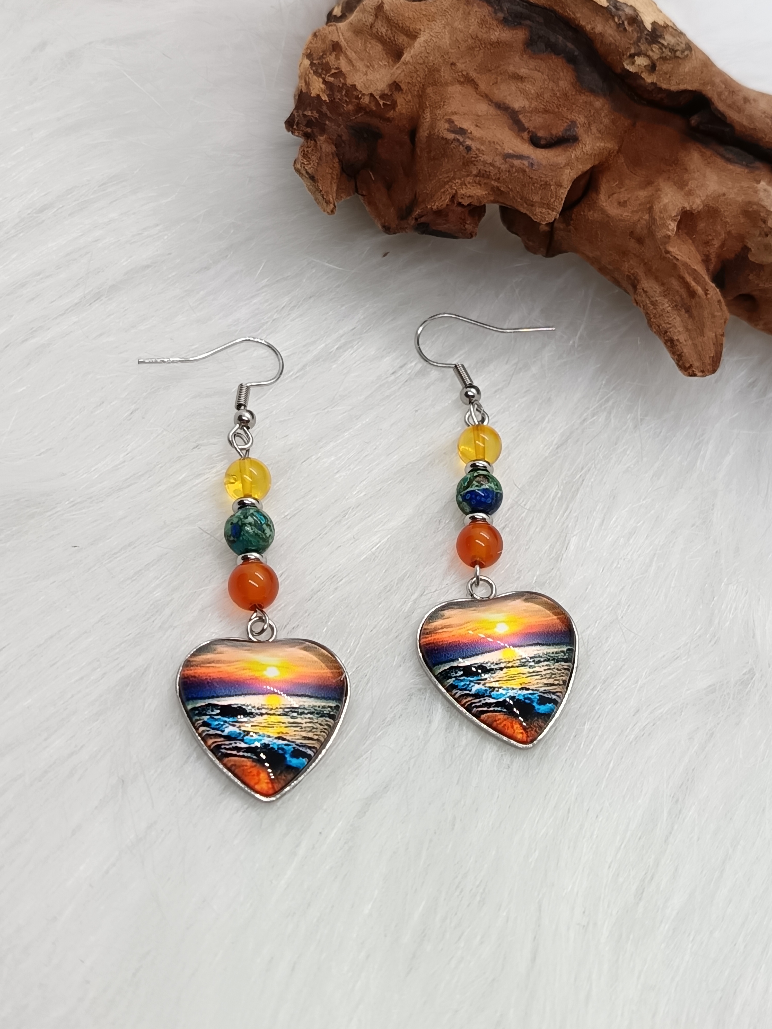 Boucles d'oreilles "coucher de soleil" en cornaline, azurite et ambre naturelle