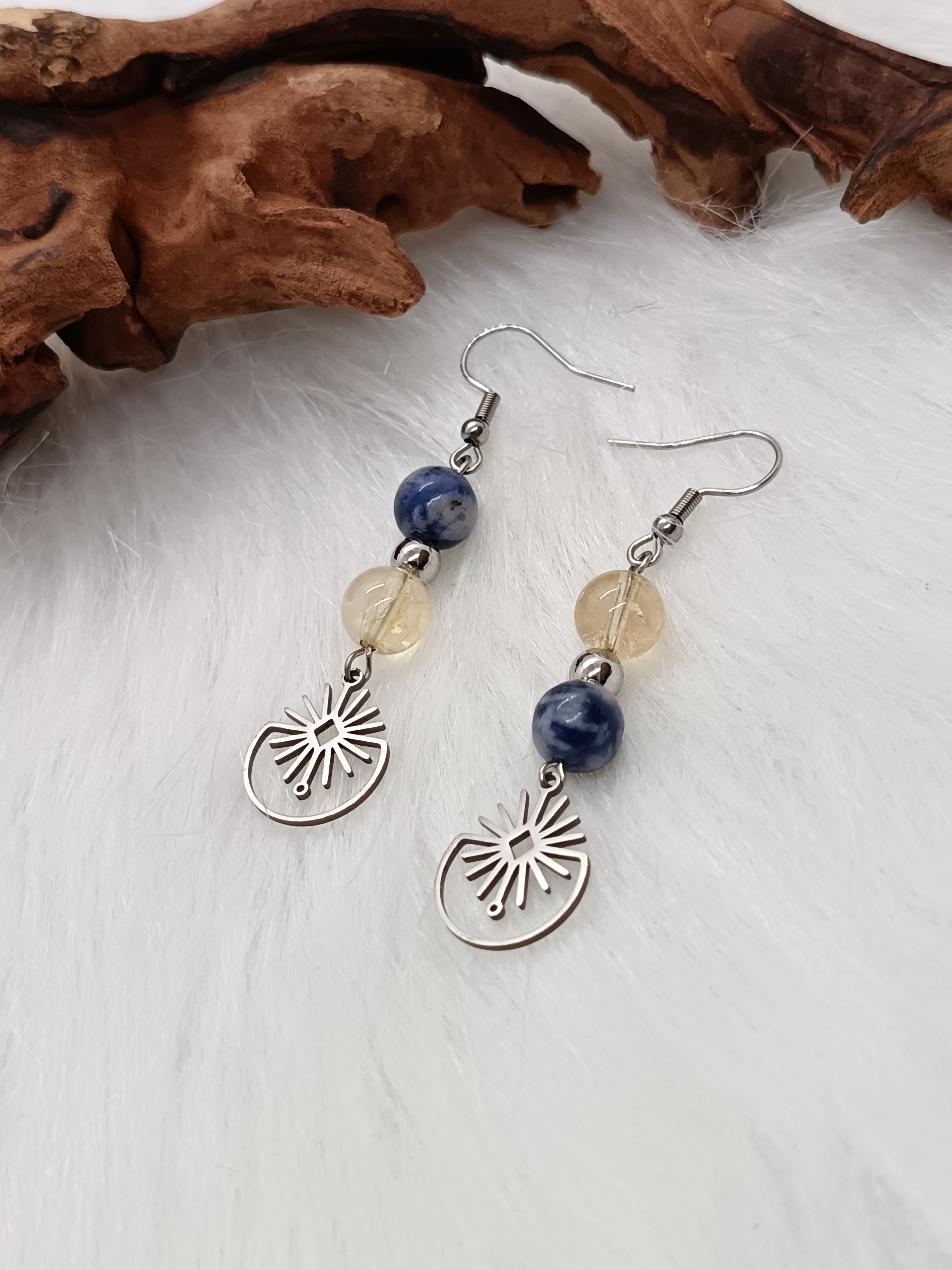 Boucles d'oreilles "soleil" en citrine et sodalite