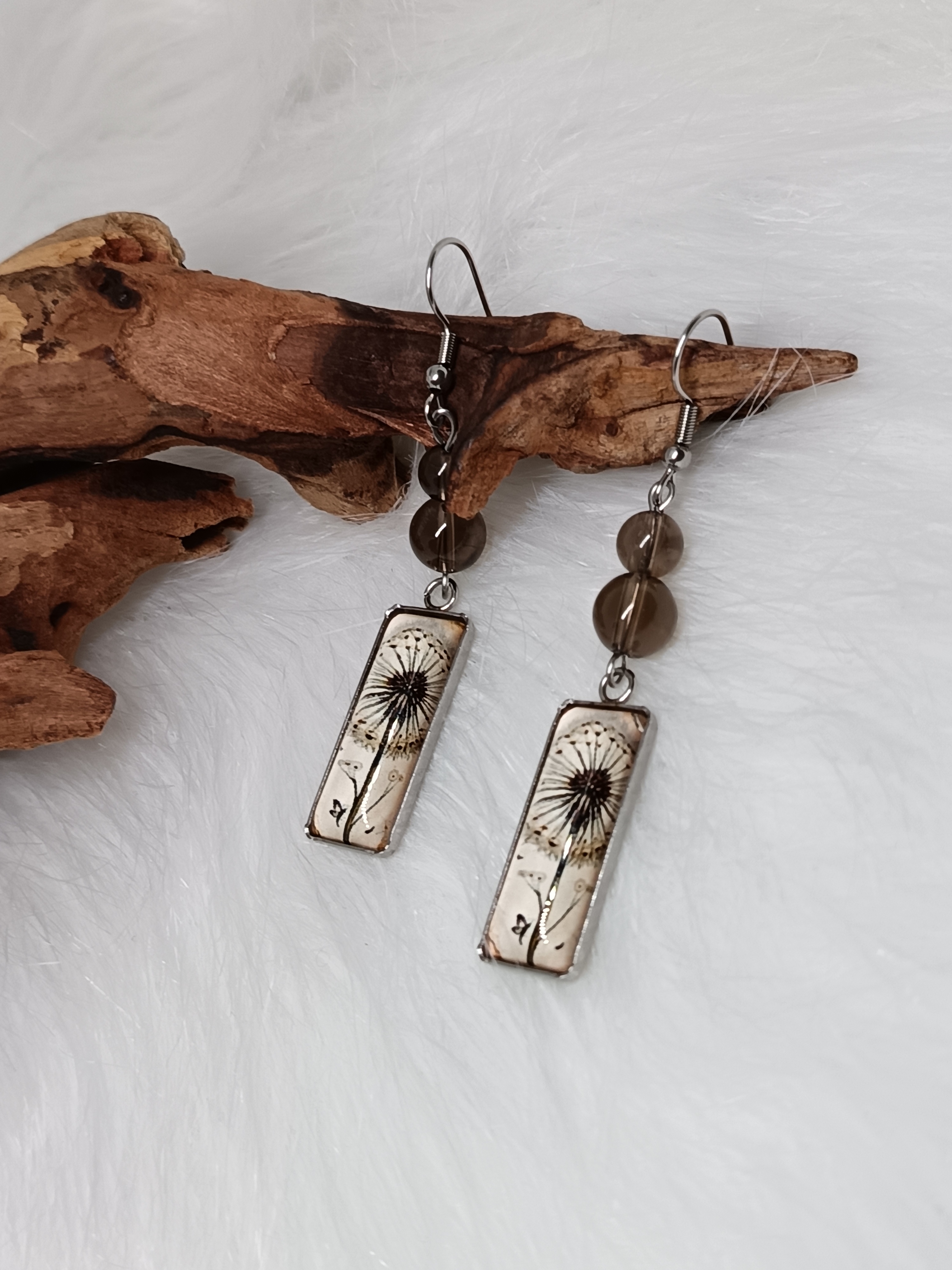 Boucles d'oreilles "pissenlit" en quartz fumé