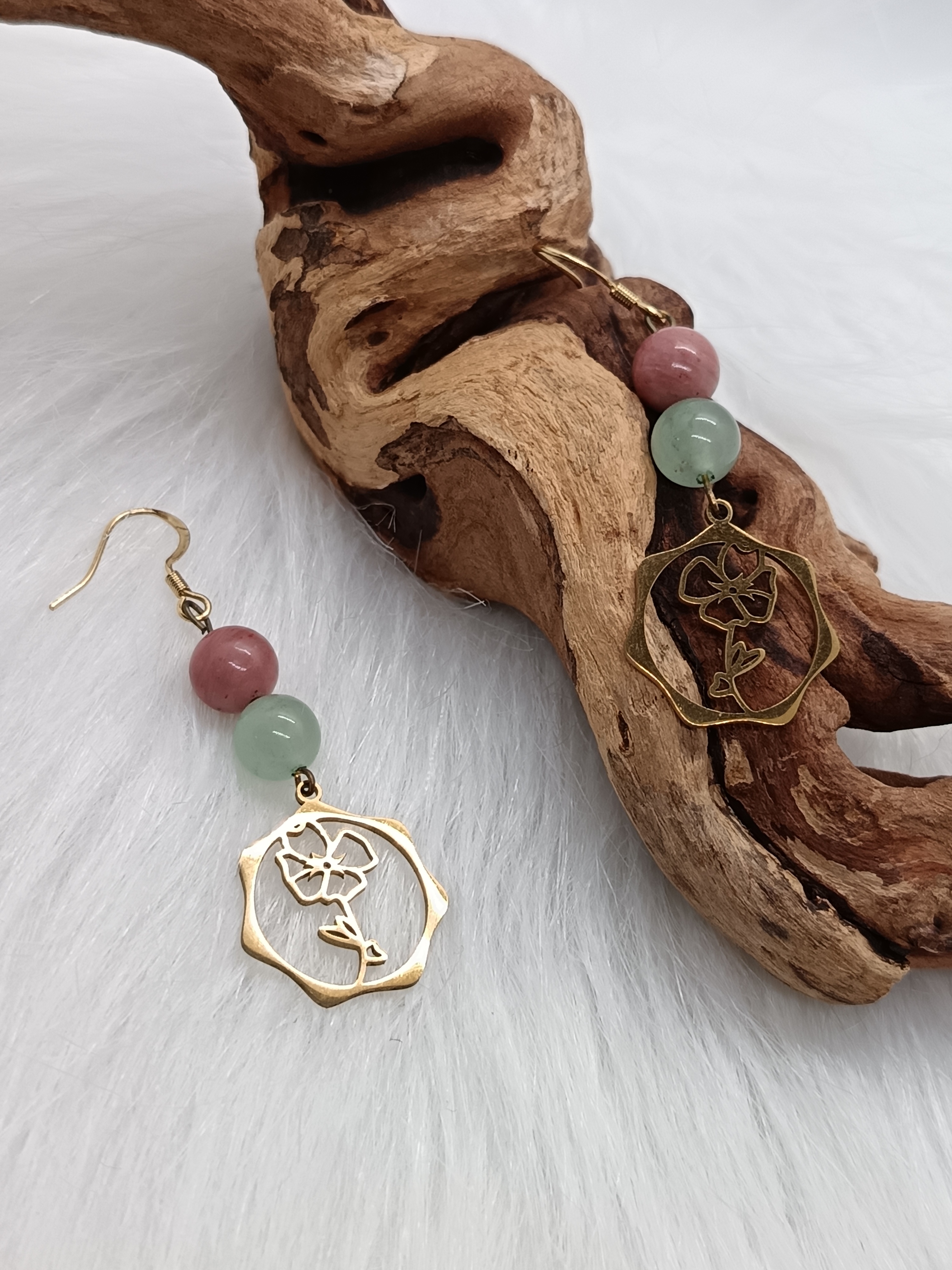 Boucles d'oreilles "fleur" en rhodonite et aventurine verte