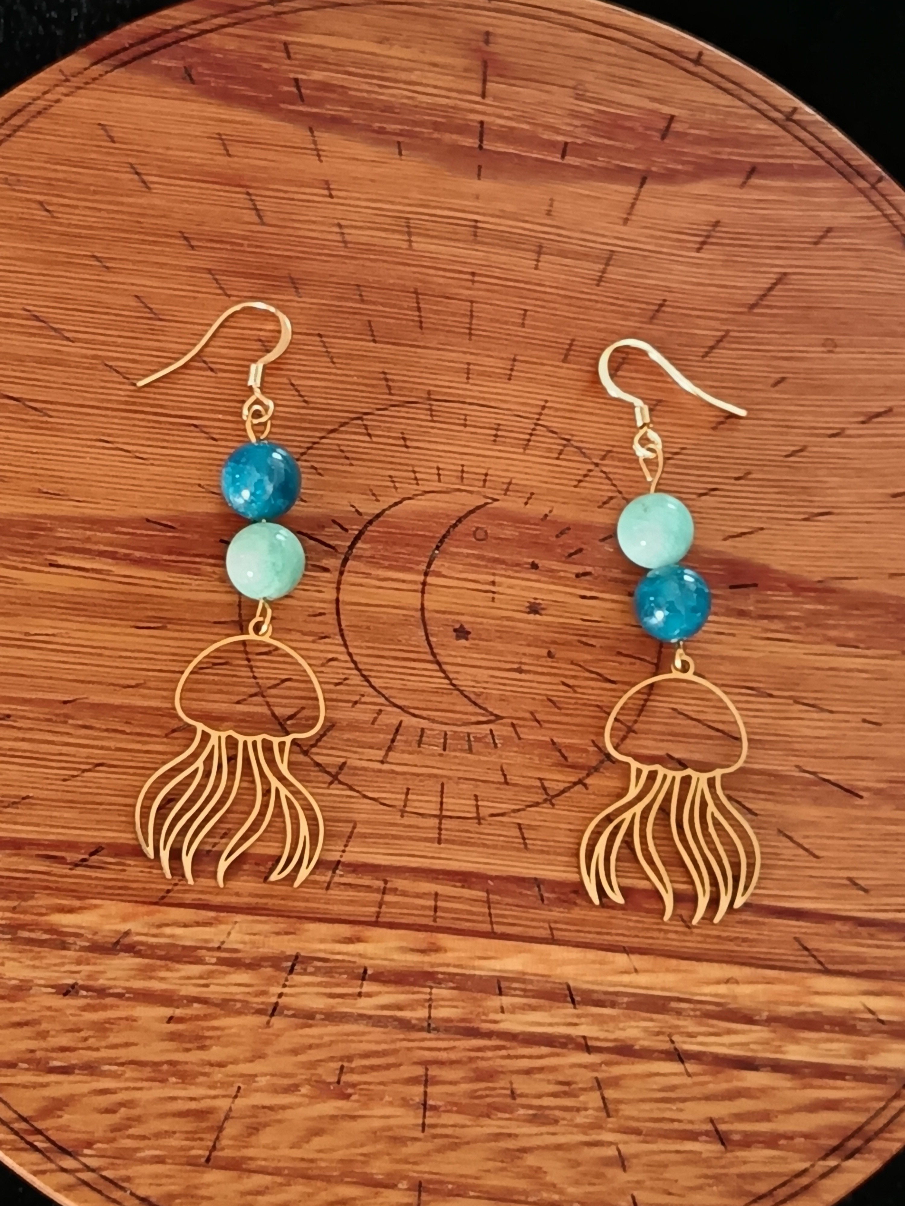 Boucles d'oreilles "méduse" en amazonite et apatite bleue