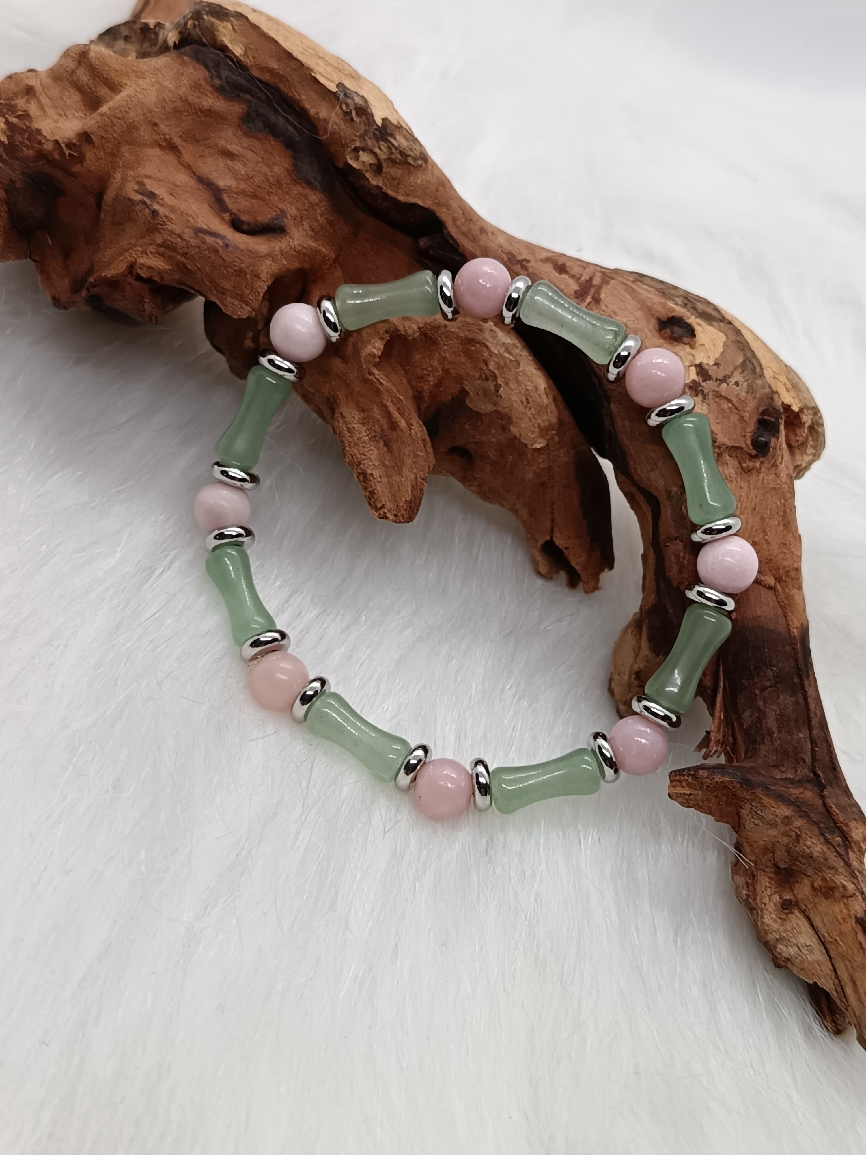 Bracelet "bambou" en aventurine verte et opale rose