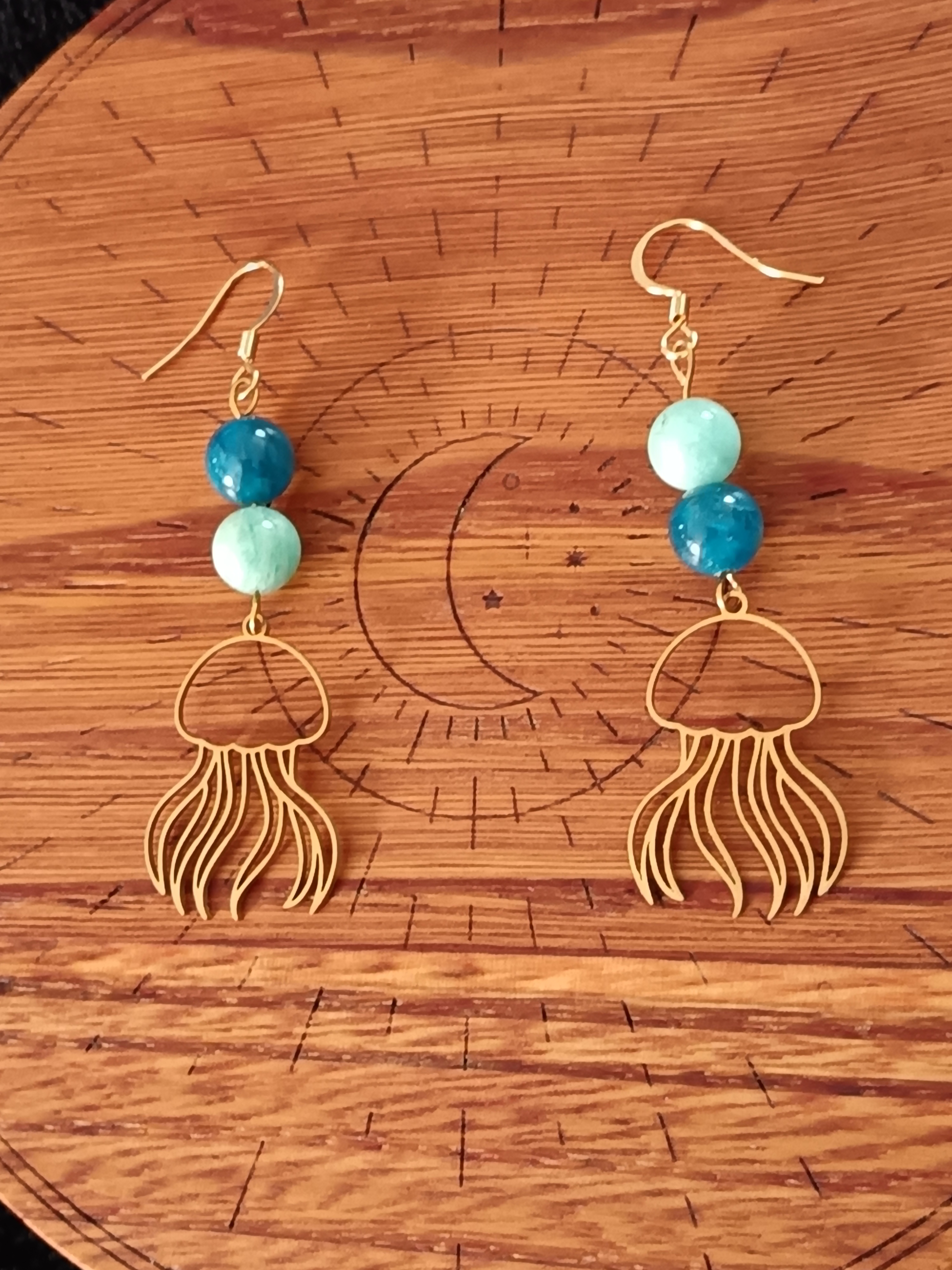 Boucles d'oreilles "méduse" en amazonite et apatite bleue
