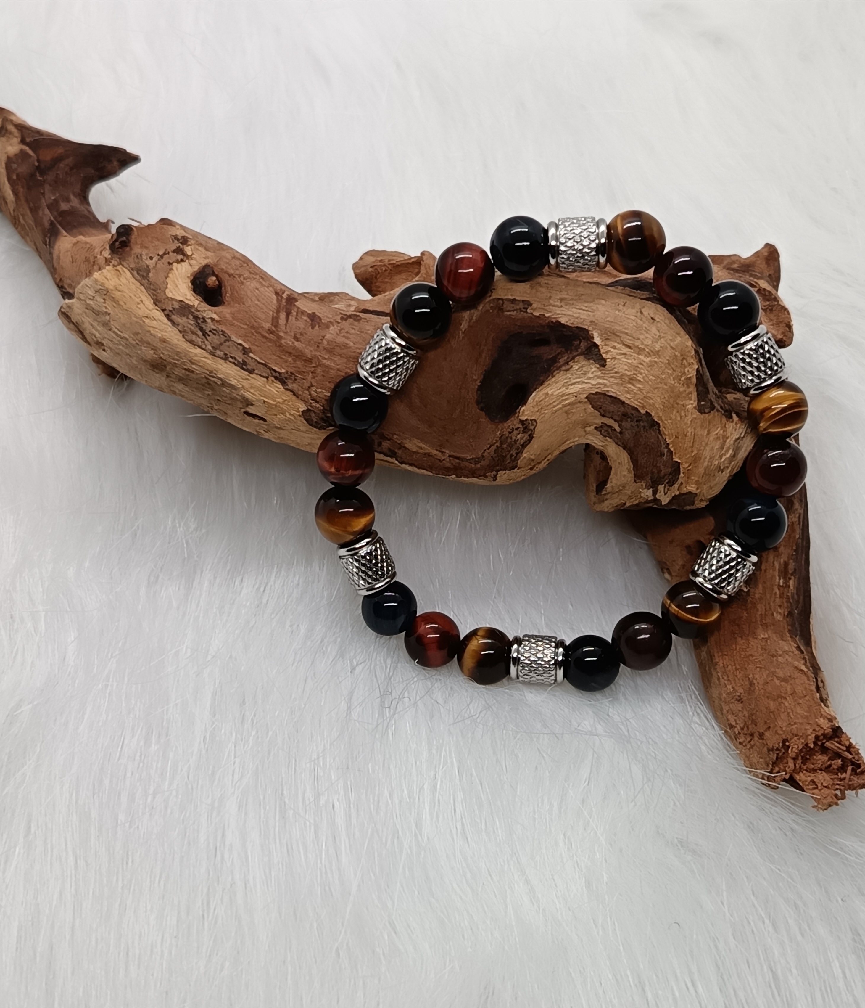 Bracelet "triple protection" en œil de faucon, œil de taureau et œil de tigre