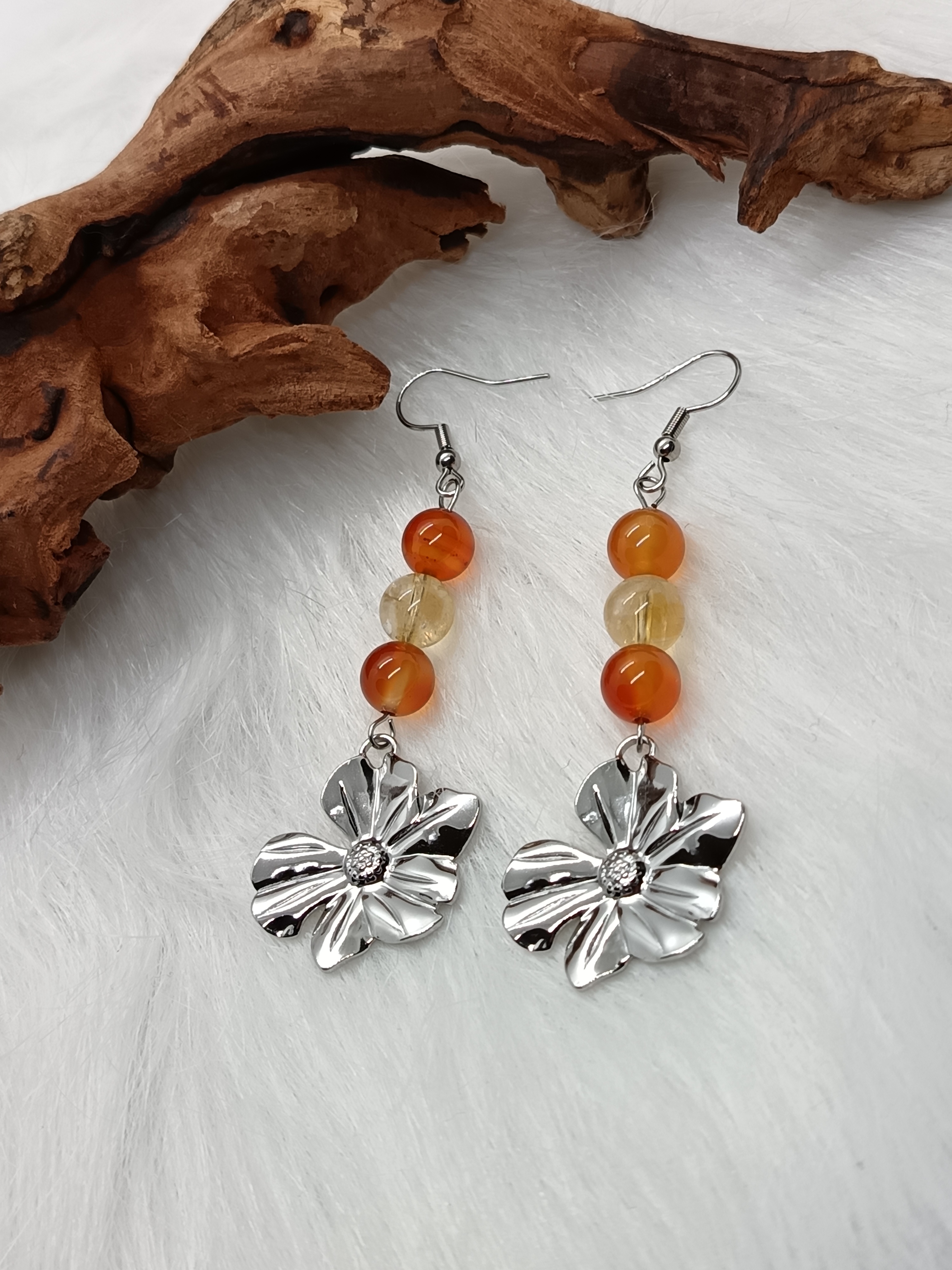 Boucles d'oreilles "fleurs" en cornaline et citrine