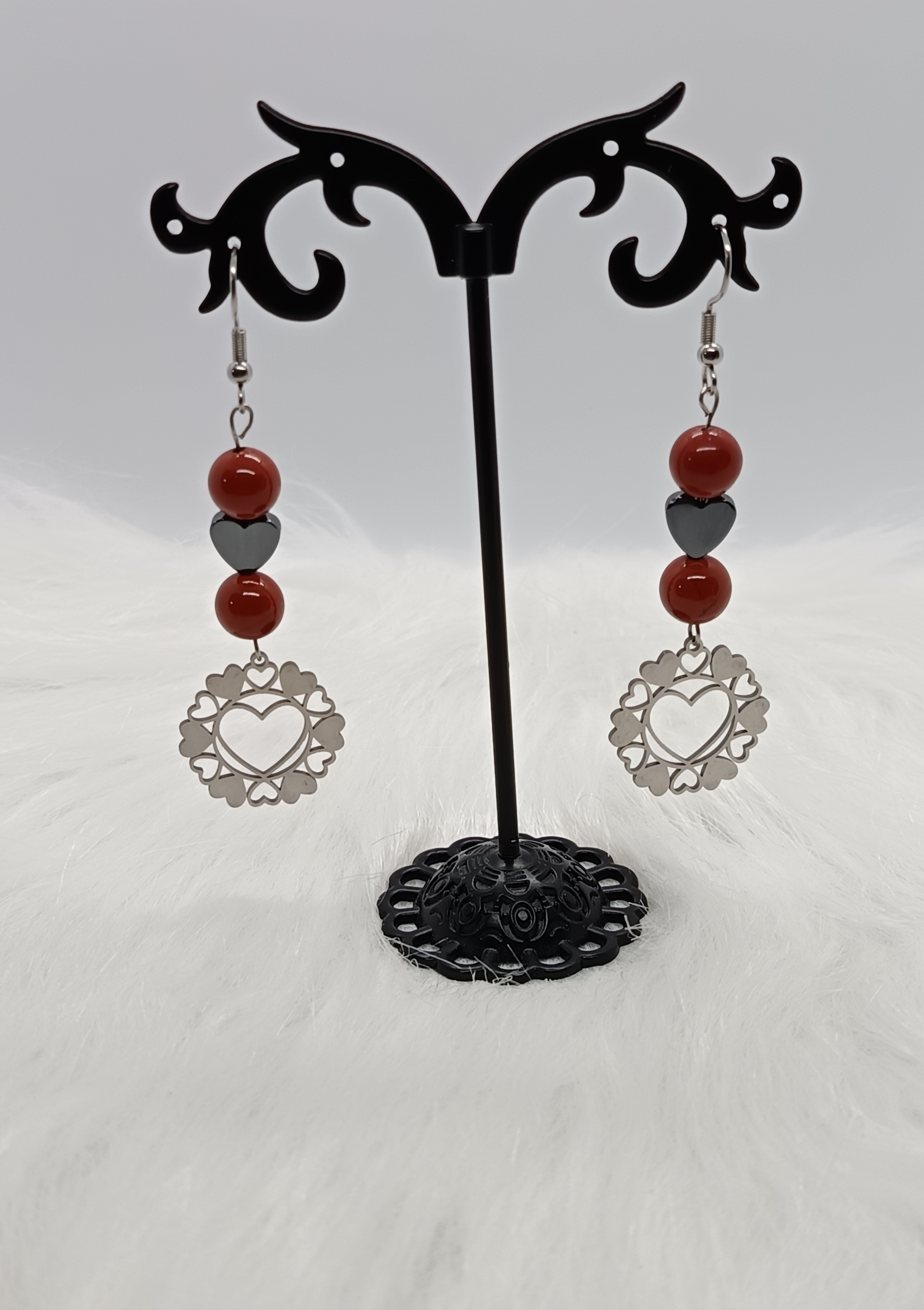 Boucles d'oreilles "énergie" en jaspe rouge et hématite cœur