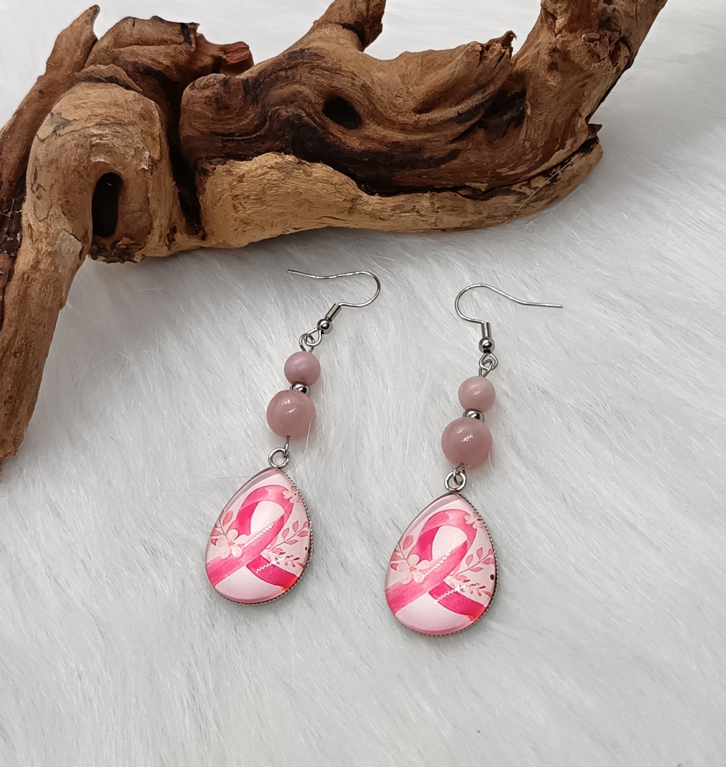 Boucles d'oreilles "ruban" en opale rose