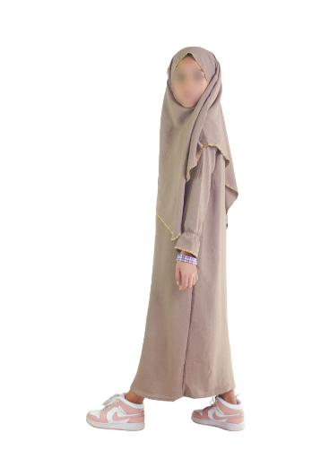 Ensemble abaya khimar 4-16  ans gris taupe