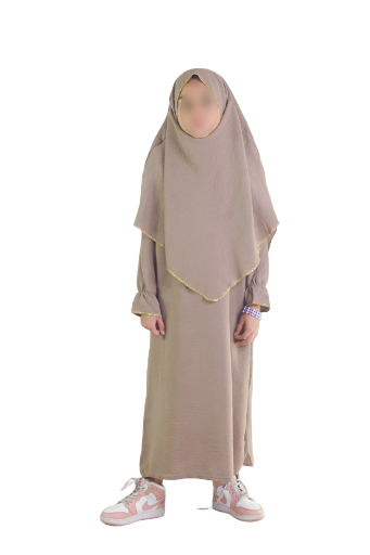 Ensemble abaya khimar 4-16  ans gris taupe
