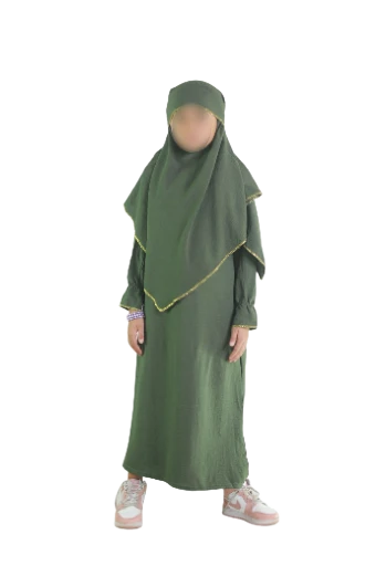 Ensemble abaya khimar 4-16  ans vert kaki