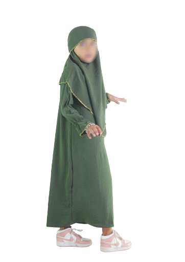 Ensemble abaya khimar 4-16  ans vert kaki
