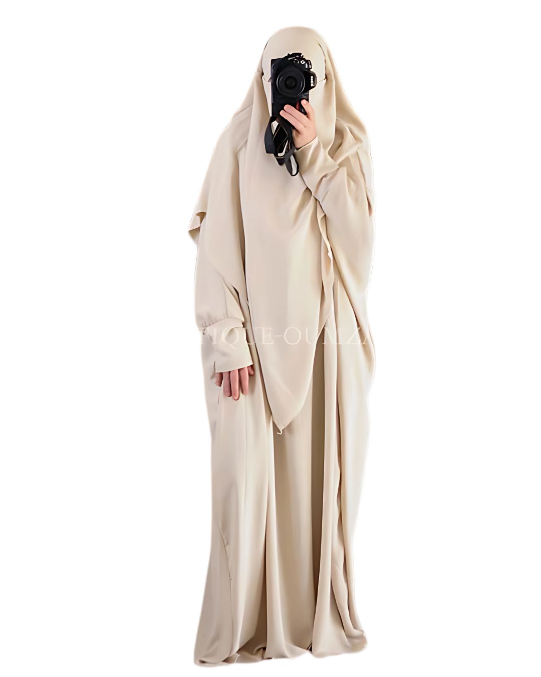 Ensemble abaya papillon et khimar court beige