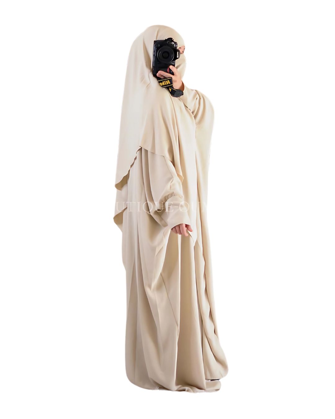 Ensemble abaya papillon et khimar court beige
