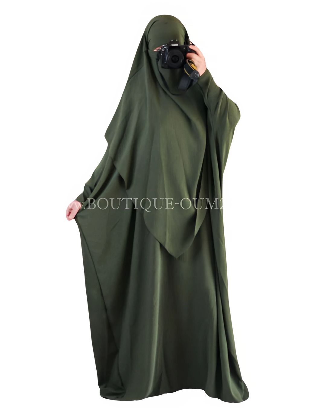 Ensemble abaya papillon vert kaki et khimar mi-long 