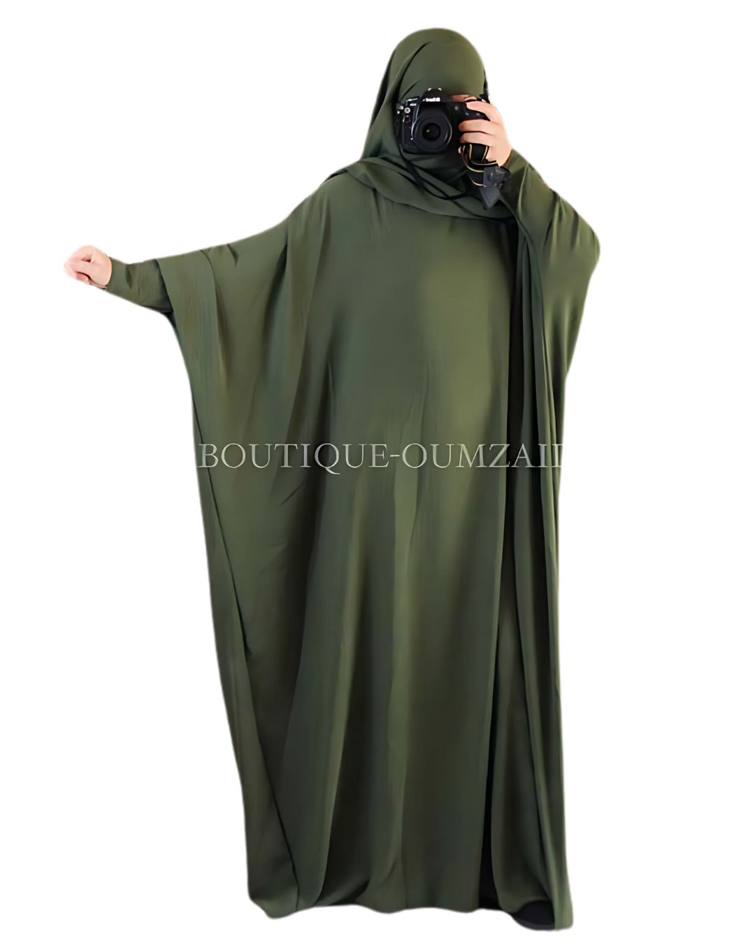 Ensemble abaya papillon vert kaki et khimar mi-long 