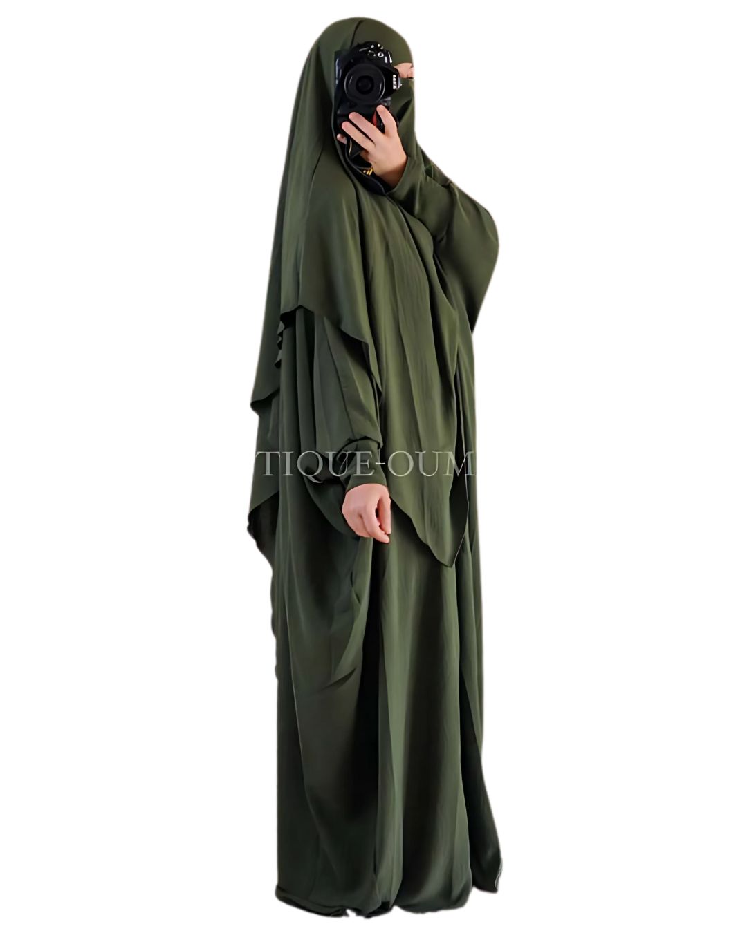 Ensemble abaya papillon vert kaki et khimar mi-long 