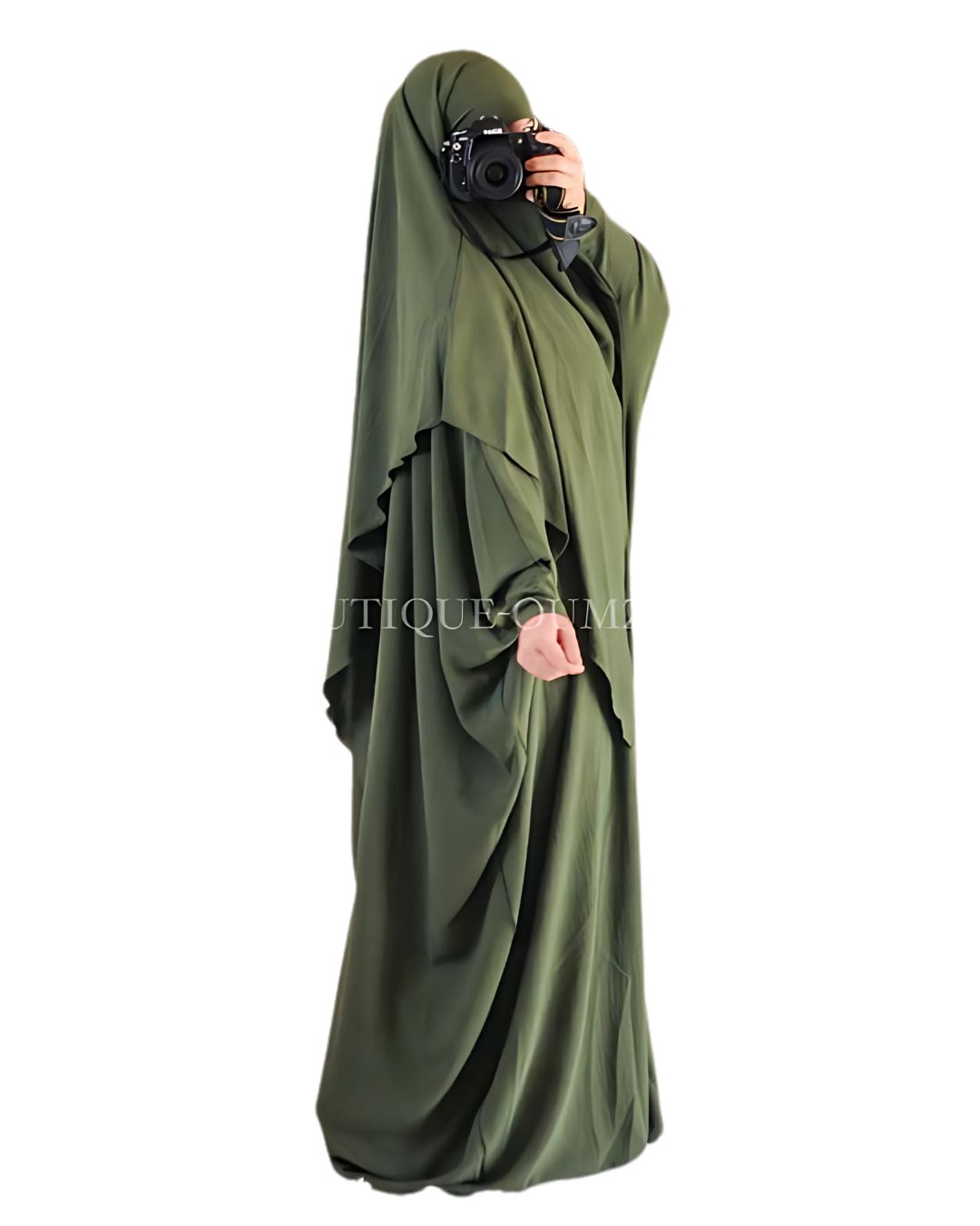 Ensemble abaya papillon vert kaki et khimar mi-long 