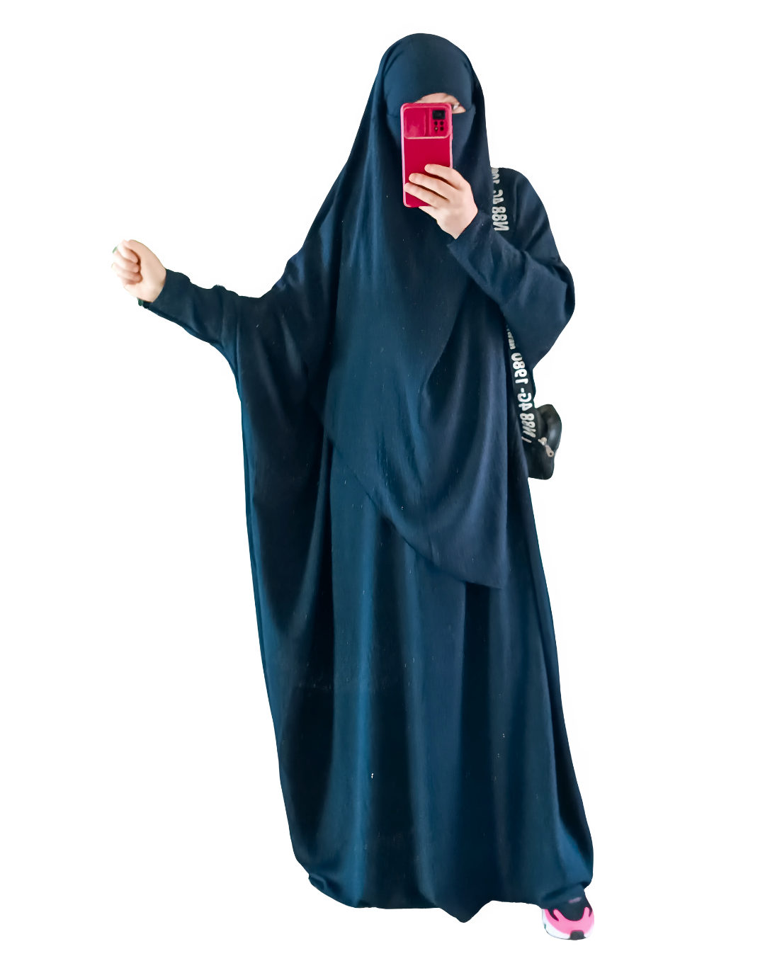 Ensemble abaya papillon bleu marine et khimar mi-long 