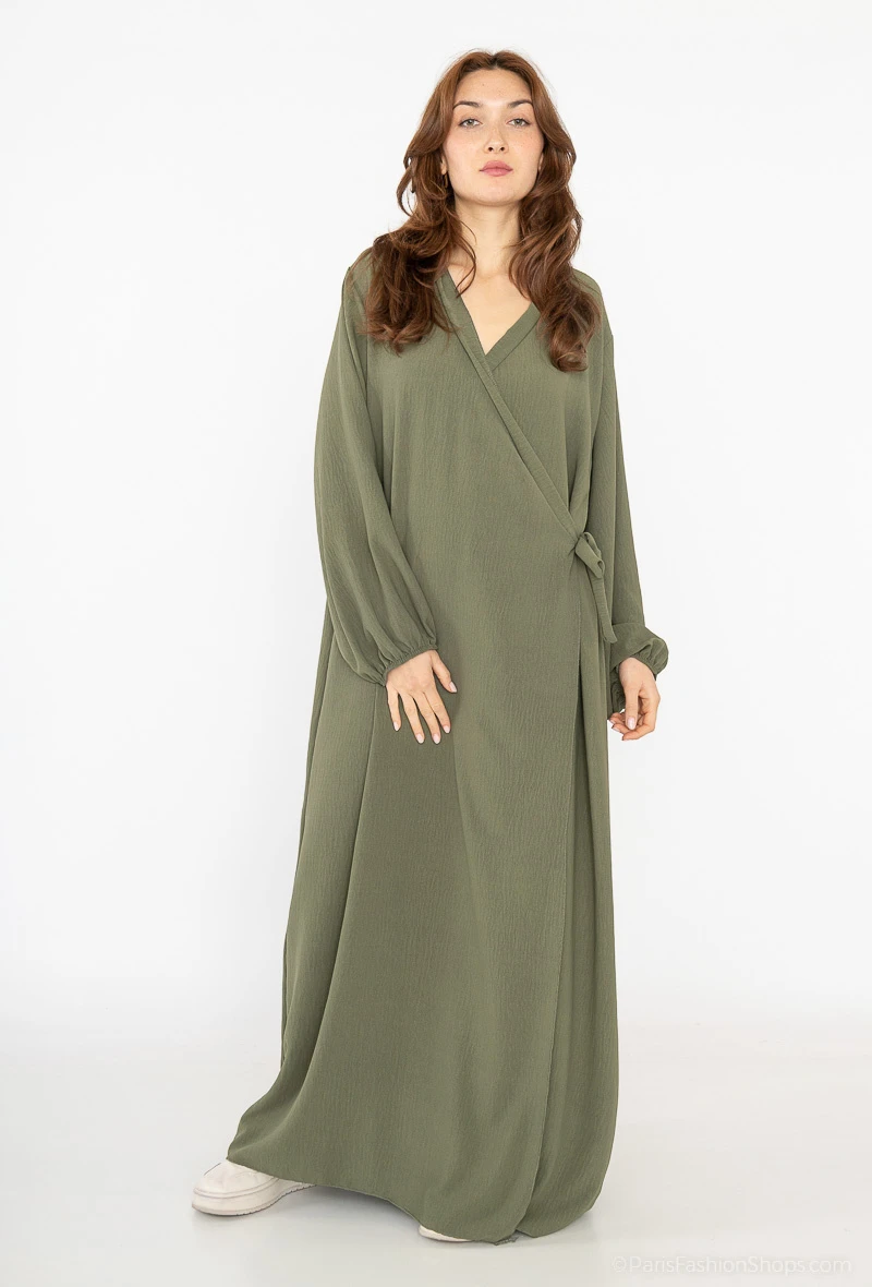 Robe Abaya Croisée en Jazz avec Nœud – Manches Ballon | Mode Pudique Maroc