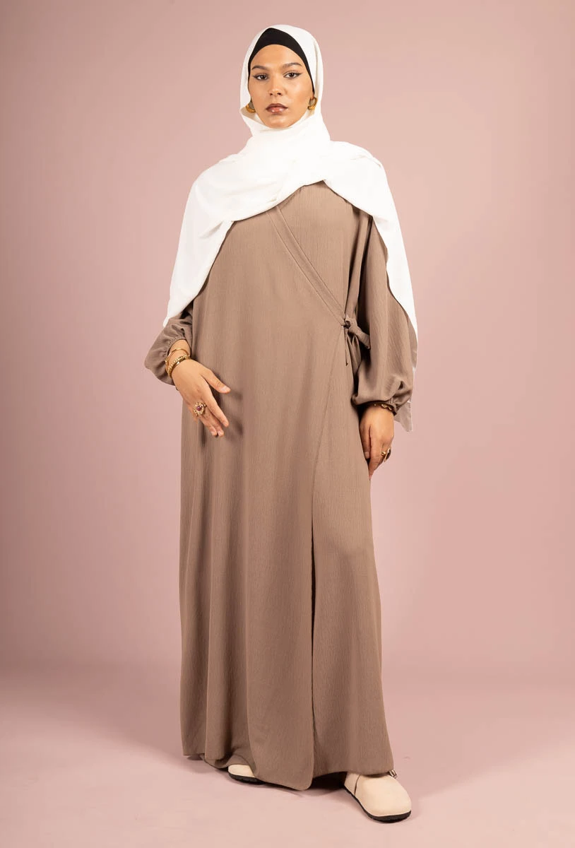 Robe Abaya Croisée en Jazz avec Nœud – Manches Ballon | Mode Pudique Maroc