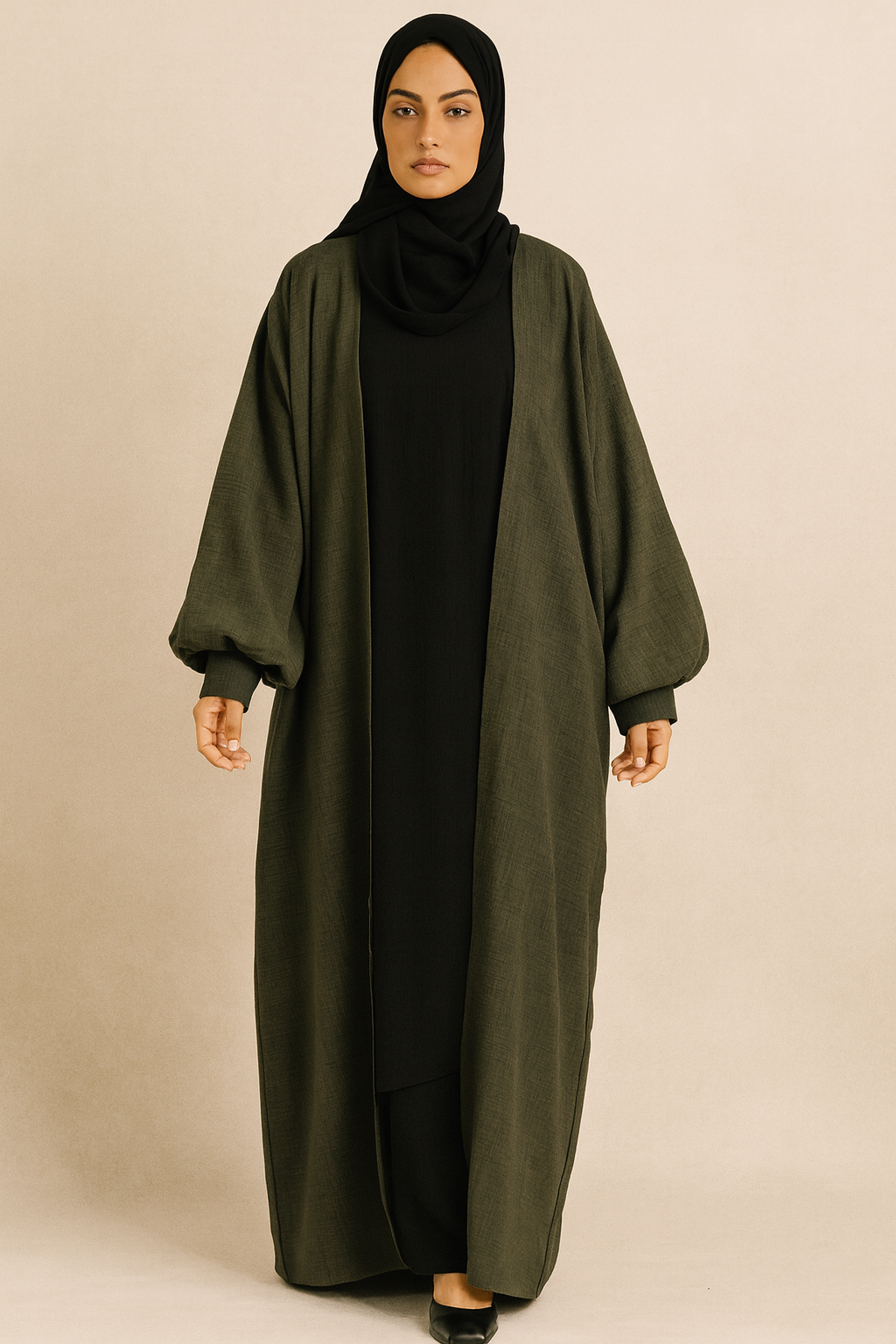 Kimono long vert kaki – Coupe large & manches ballon – Tissu effet lin – Mode pudique Maroc