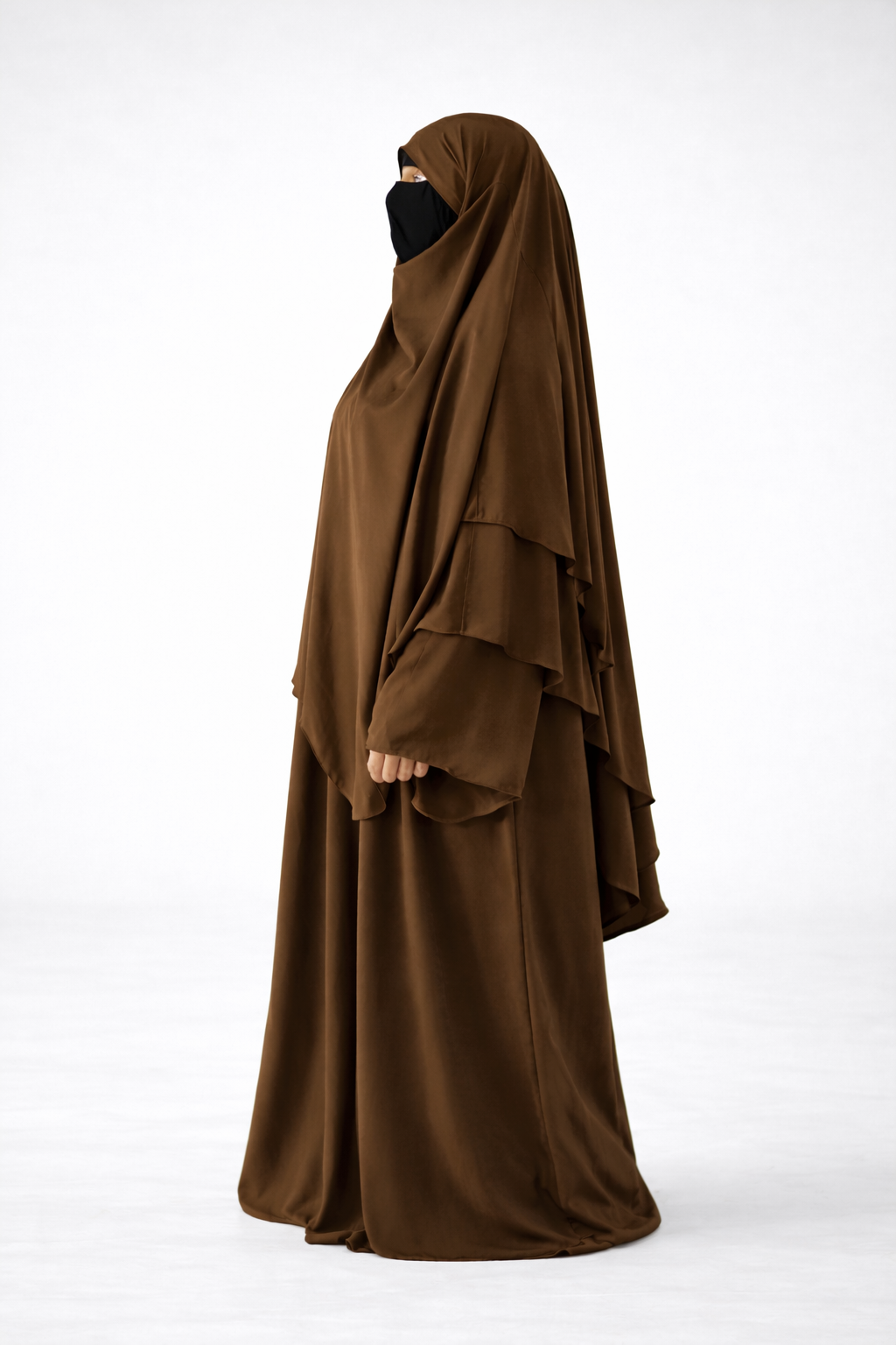 Ensemble Abaya et Khimar 2 voiles - Tissus jazz - Marron café