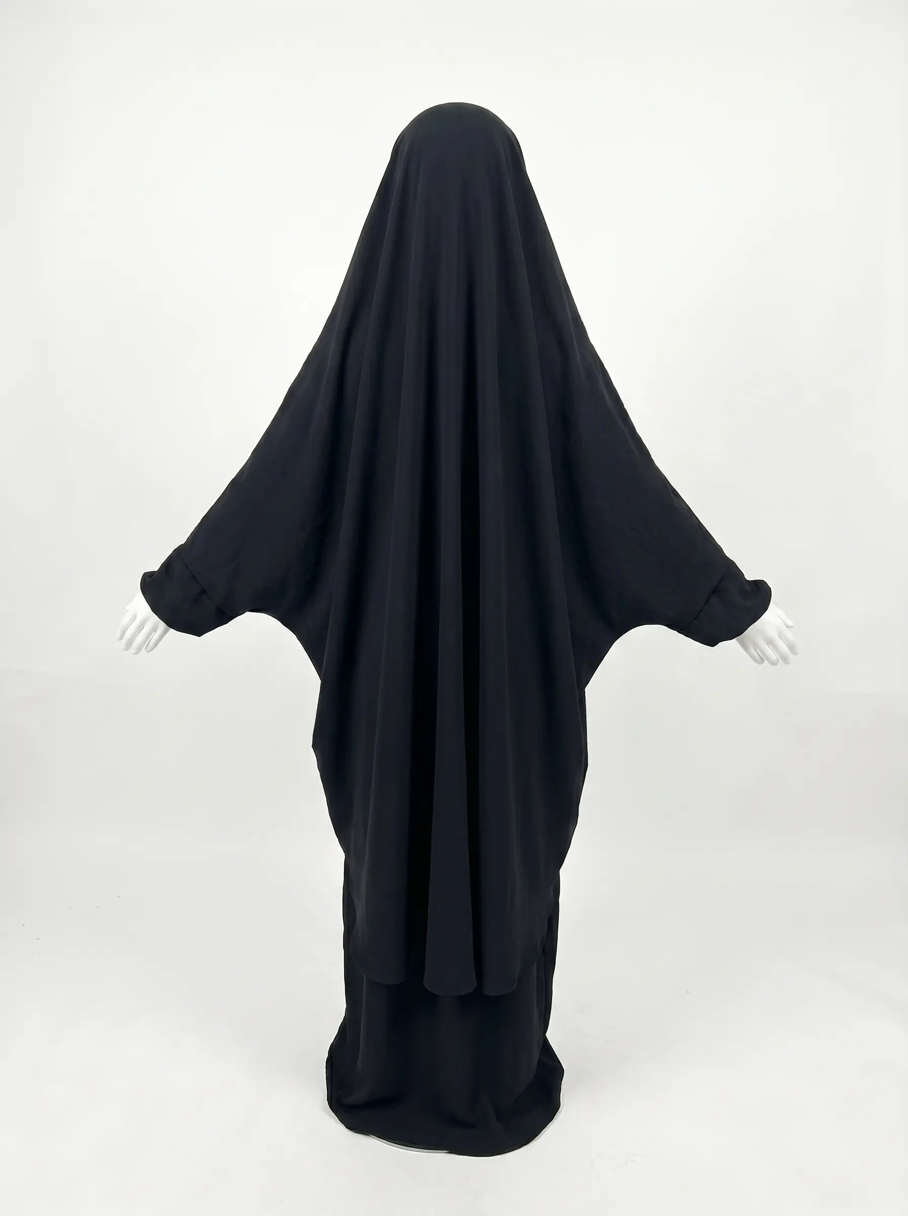 Jilbab Fillette 2 Pièces Noir, Cape à Hijab Intégré et Jupe Cloche, Tissu Jazz