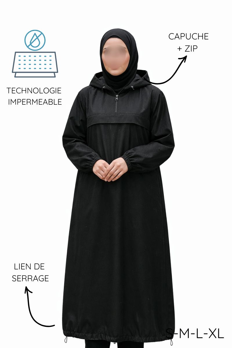 Abaya imperméable à capuche style Kway - Noire
