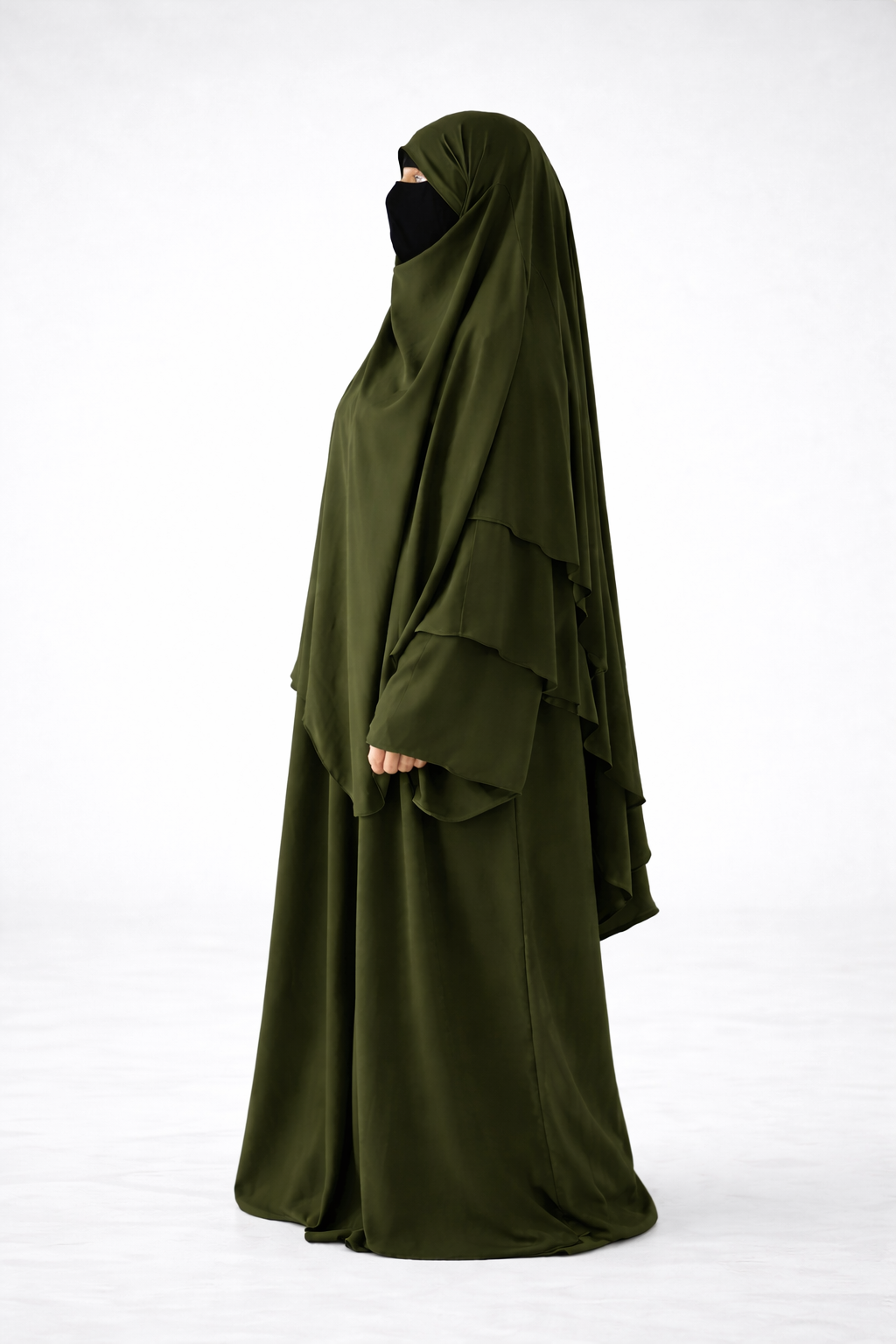 Ensemble Abaya et Khimar 2 voiles - Tissus jazz - Vert Kaki