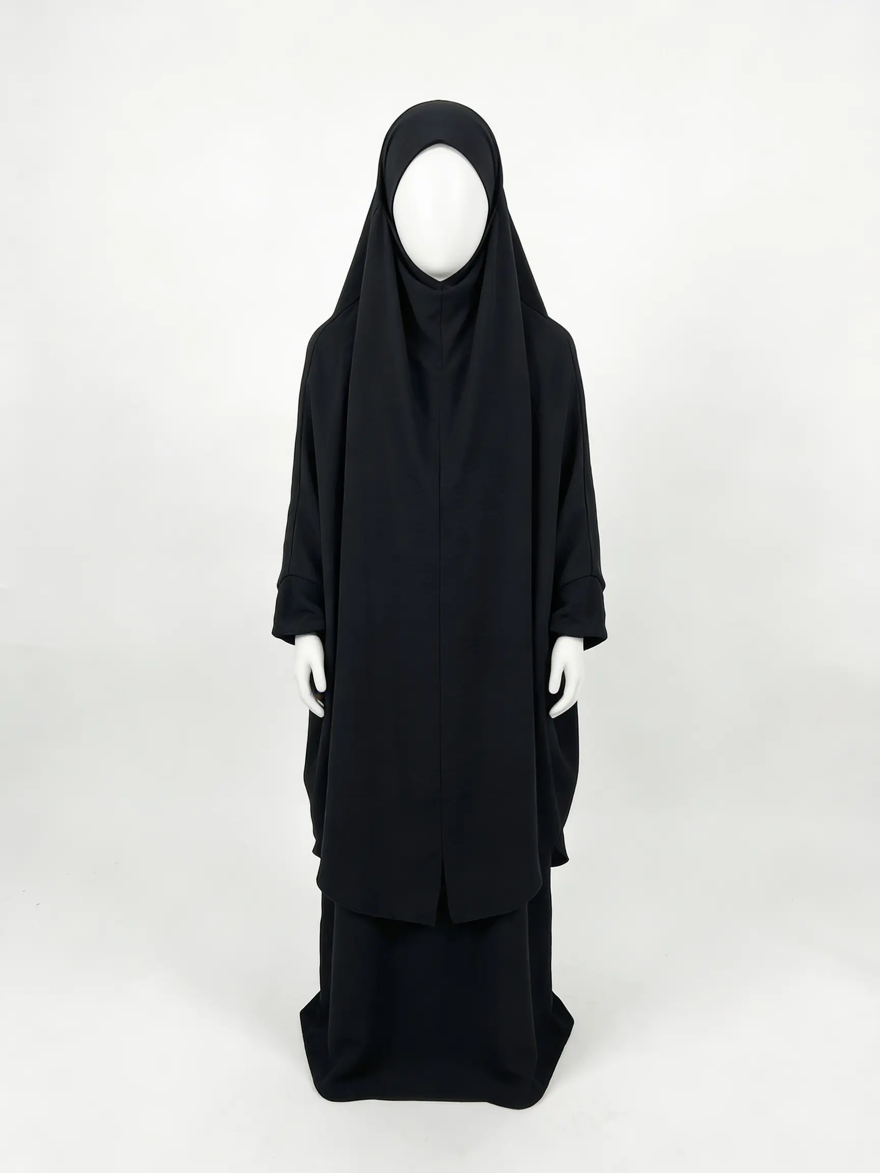 Jilbab Fillette 2 Pièces Noir, Cape à Hijab Intégré et Jupe Cloche, Tissu Jazz