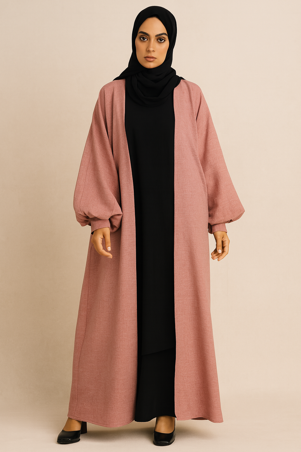 Kimono long effet lin Rose bébé – Coupe large & manches ballon – Vêtement mastour élégant pour femme voilée