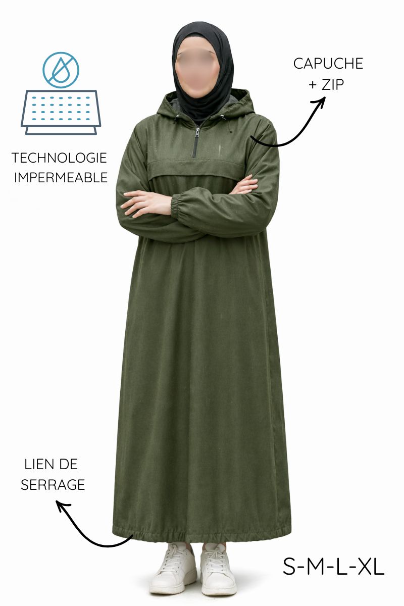 Abaya imperméable à capuche style Kway - Vert kaki