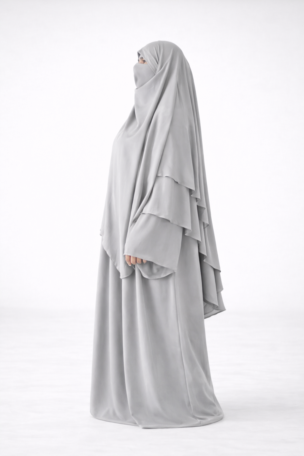 Ensemble Abaya et Khimar 2 voiles - Tissus jazz - Gris clair