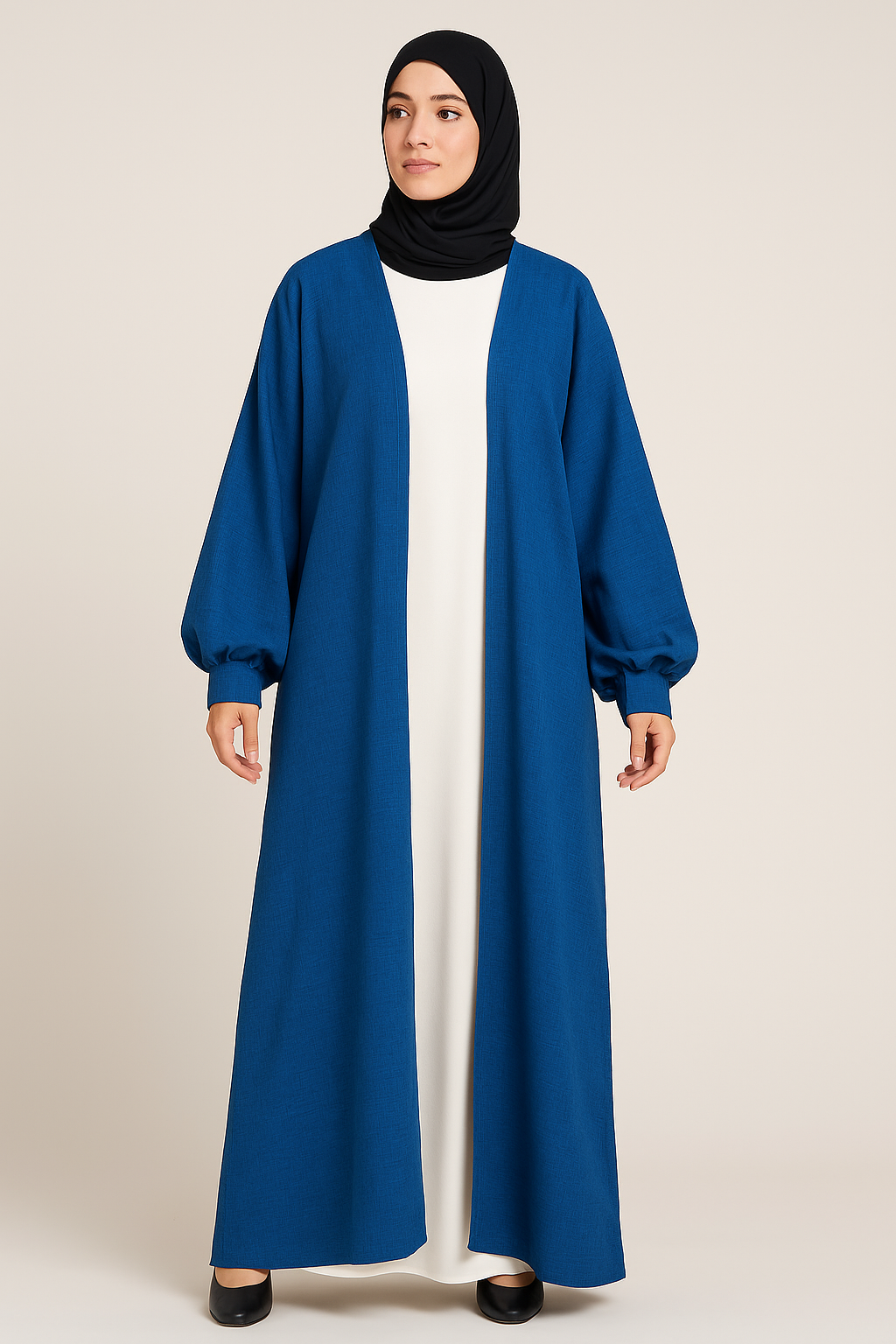 Kimono long vert bleu canard – Coupe large & manches ballon – Tissu effet lin – Vêtement mastour tendance au Maroc